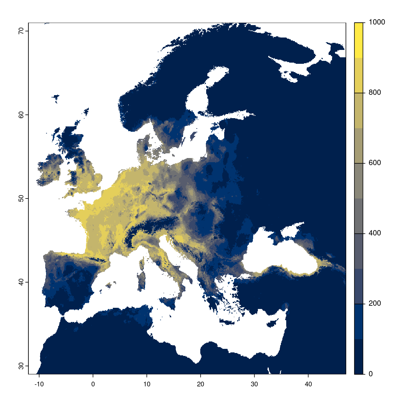 Projection des distributions potentielles futures jusqu'à l'horizon 2100 sous le scénario SSP3-7.0 (modèle d'ensemble).