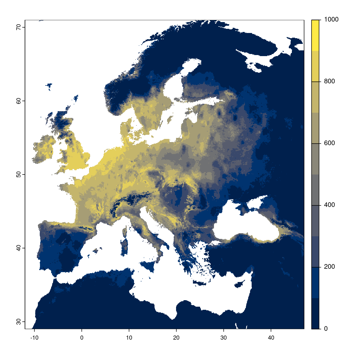 Projection des distributions potentielles futures jusqu'à l'horizon 2100 sous le scénario SSP3-7.0 (modèle d'ensemble).
