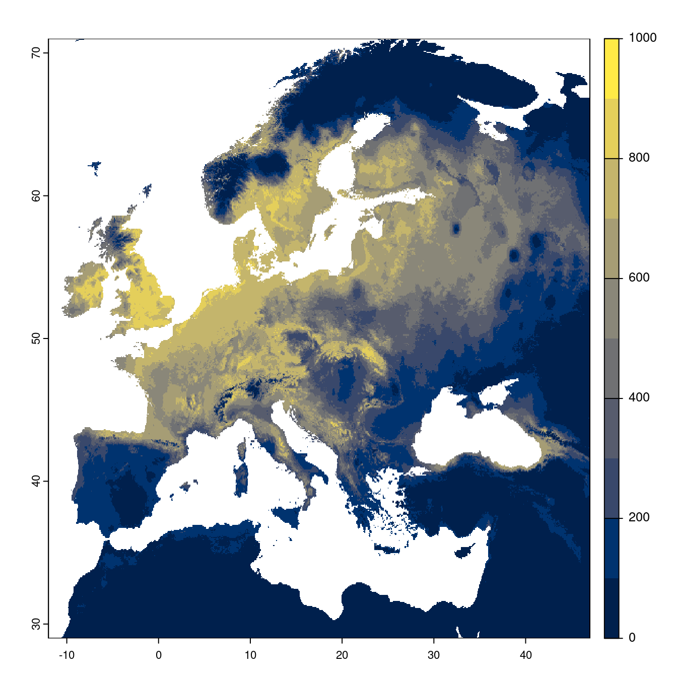 Projection des distributions potentielles futures jusqu'à l'horizon 2100 sous le scénario SSP3-7.0 (modèle d'ensemble).