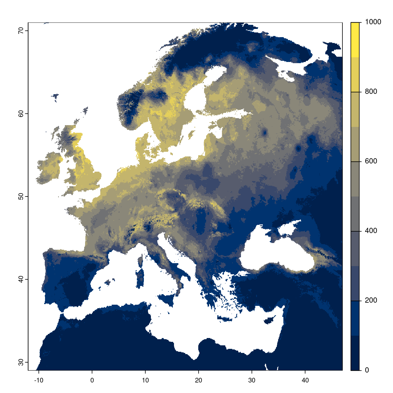 Projection des distributions potentielles futures jusqu'à l'horizon 2100 sous le scénario SSP5-8.5 (modèle d'ensemble).