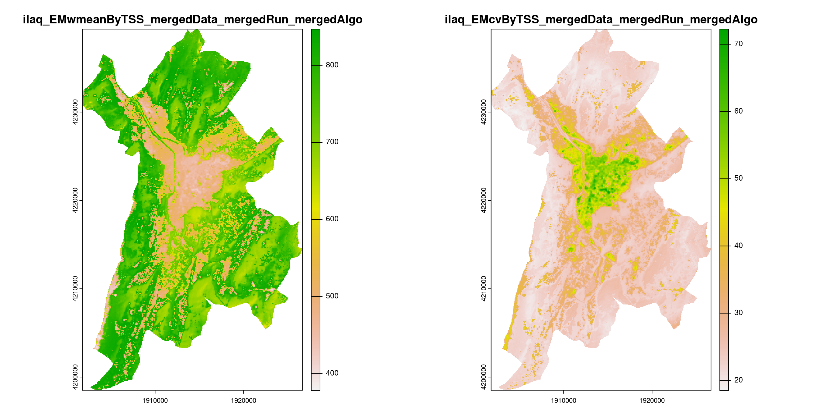 A) Projection de la distribution potentielle contemporaine (modèle d'ensemble) sur la métropole de Grenoble ; B) Incertitude associée à la projection.