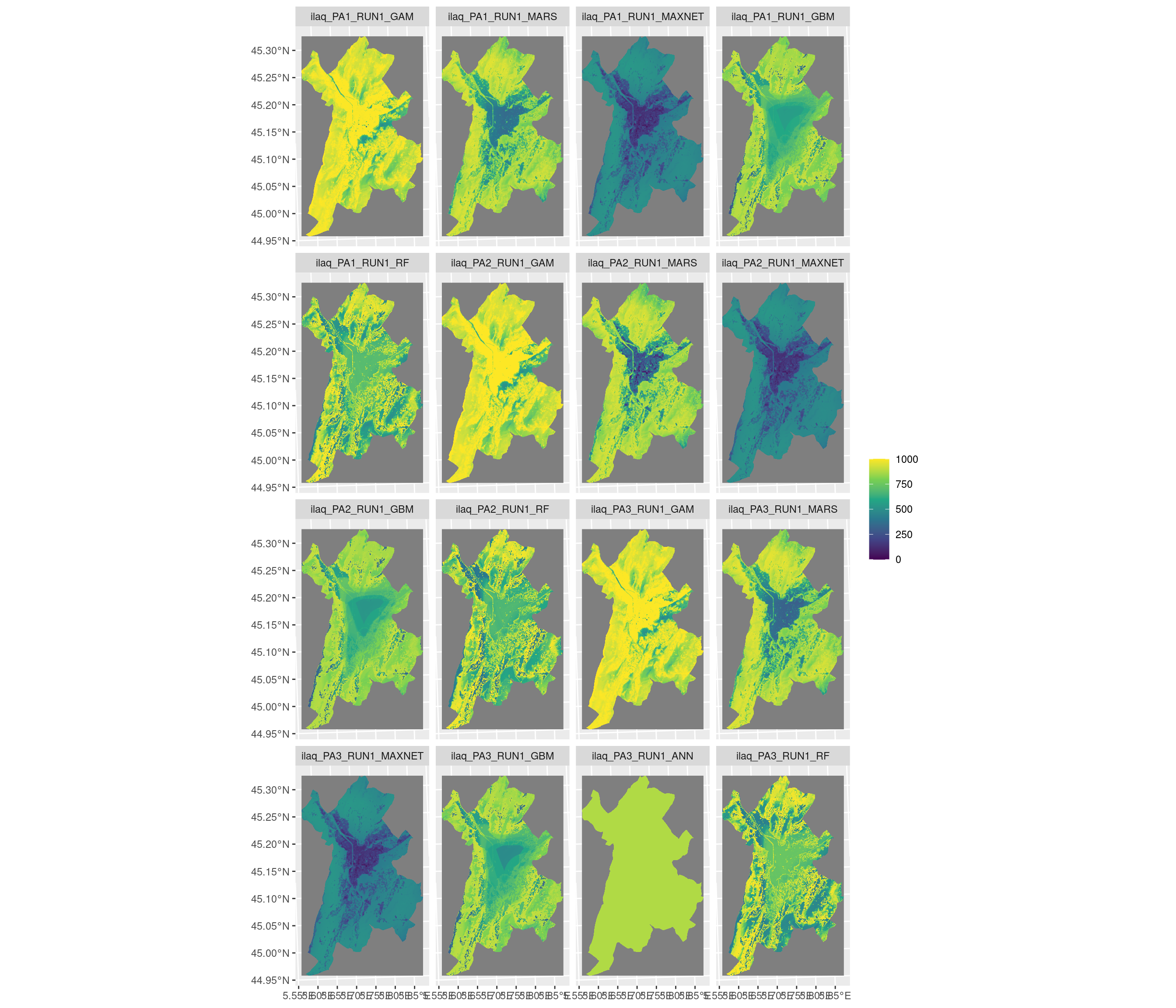 Projection de la distribution potentielle contemporaine sur la métropole de Grenoble, selon les 6 algorithmes et les 3 runs.