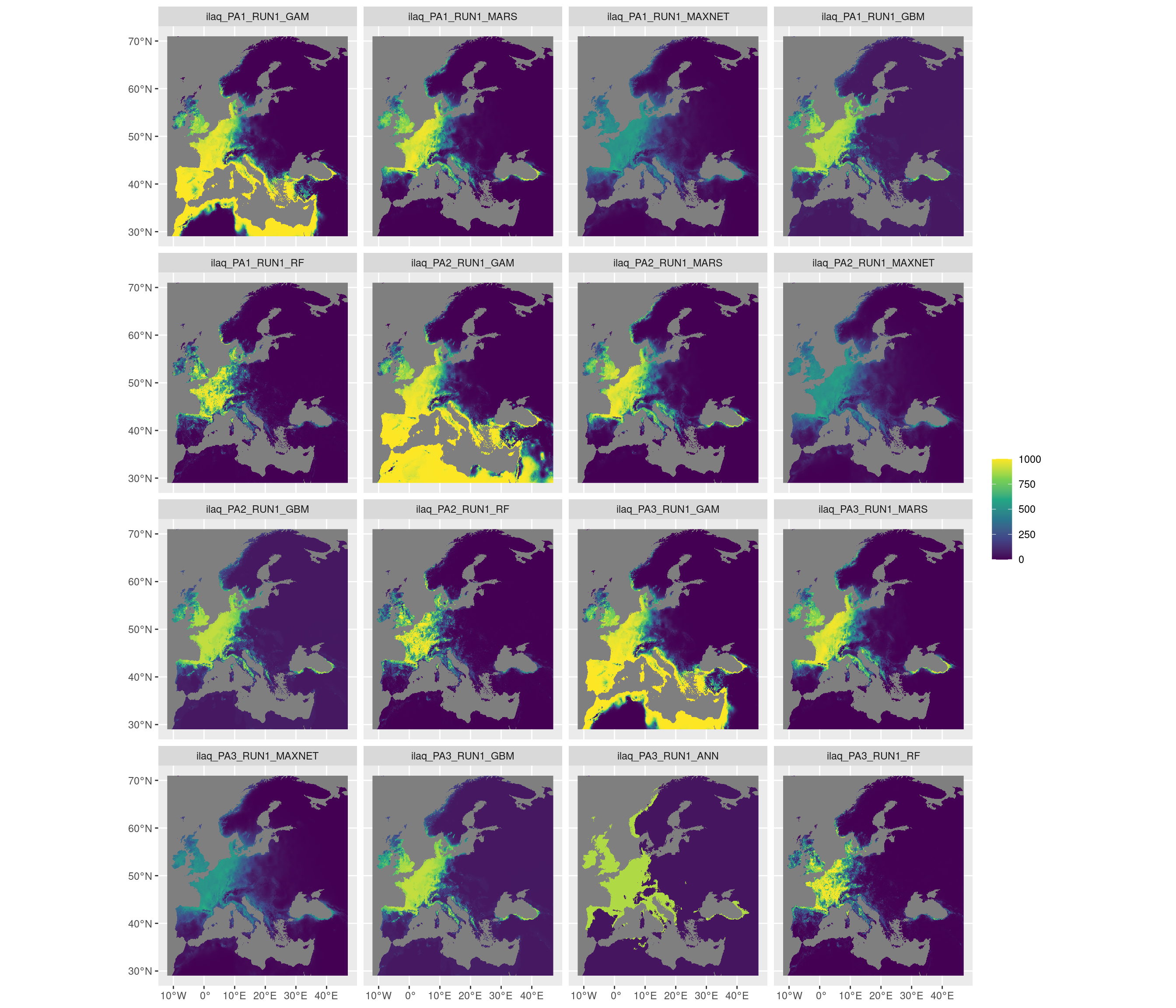 Projection de la distribution potentielle contemporaine sur l'Europe, selon les 6 algorithmes et les 3 runs.