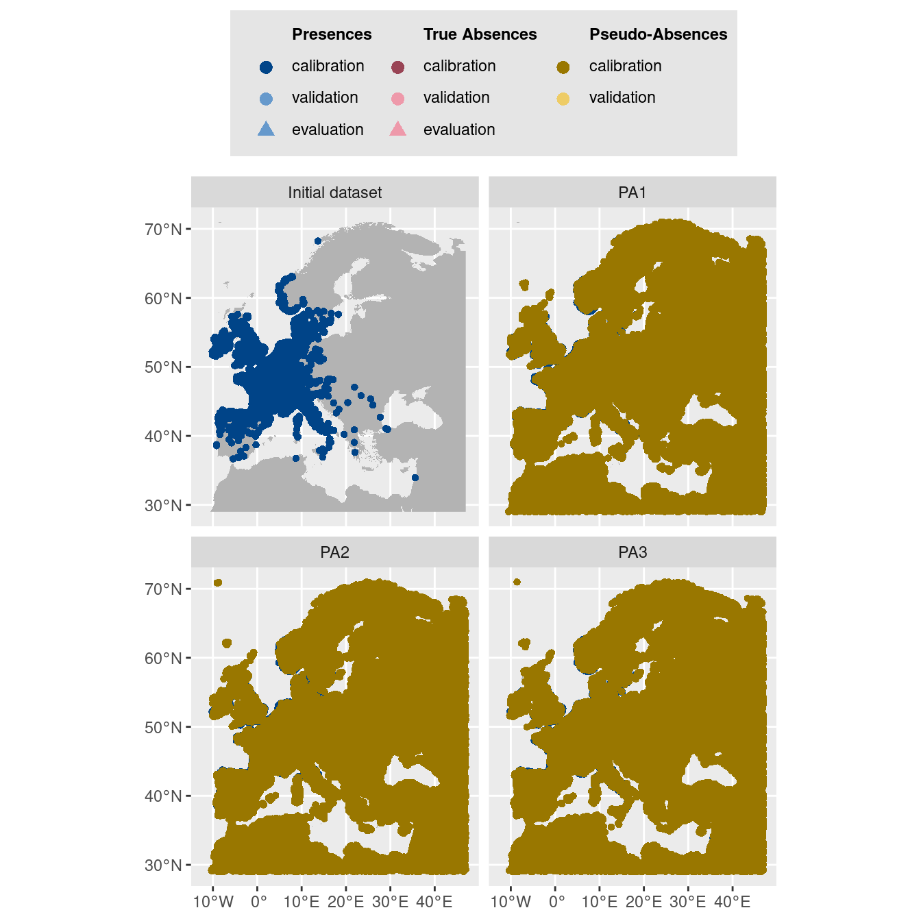 Les données d'occurrences (en haut à gauche) et les trois jeux de données aléatoires de pseudo-absences.
