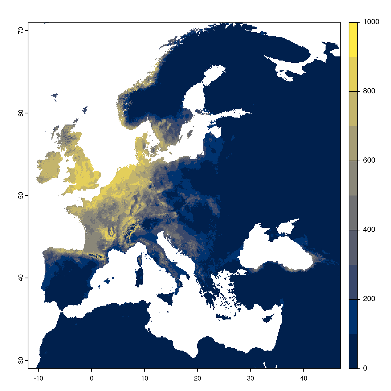 Projection des distributions potentielles futures jusqu'à l'horizon 2100 sous le scénario SSP1-2.6 (modèle d'ensemble).