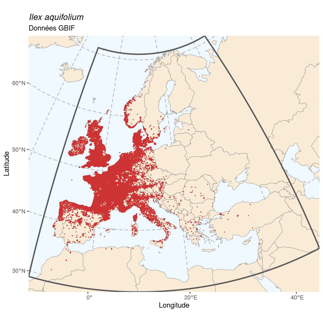 Occurrence de Ilex aquifolium dans la région d'endémisme.