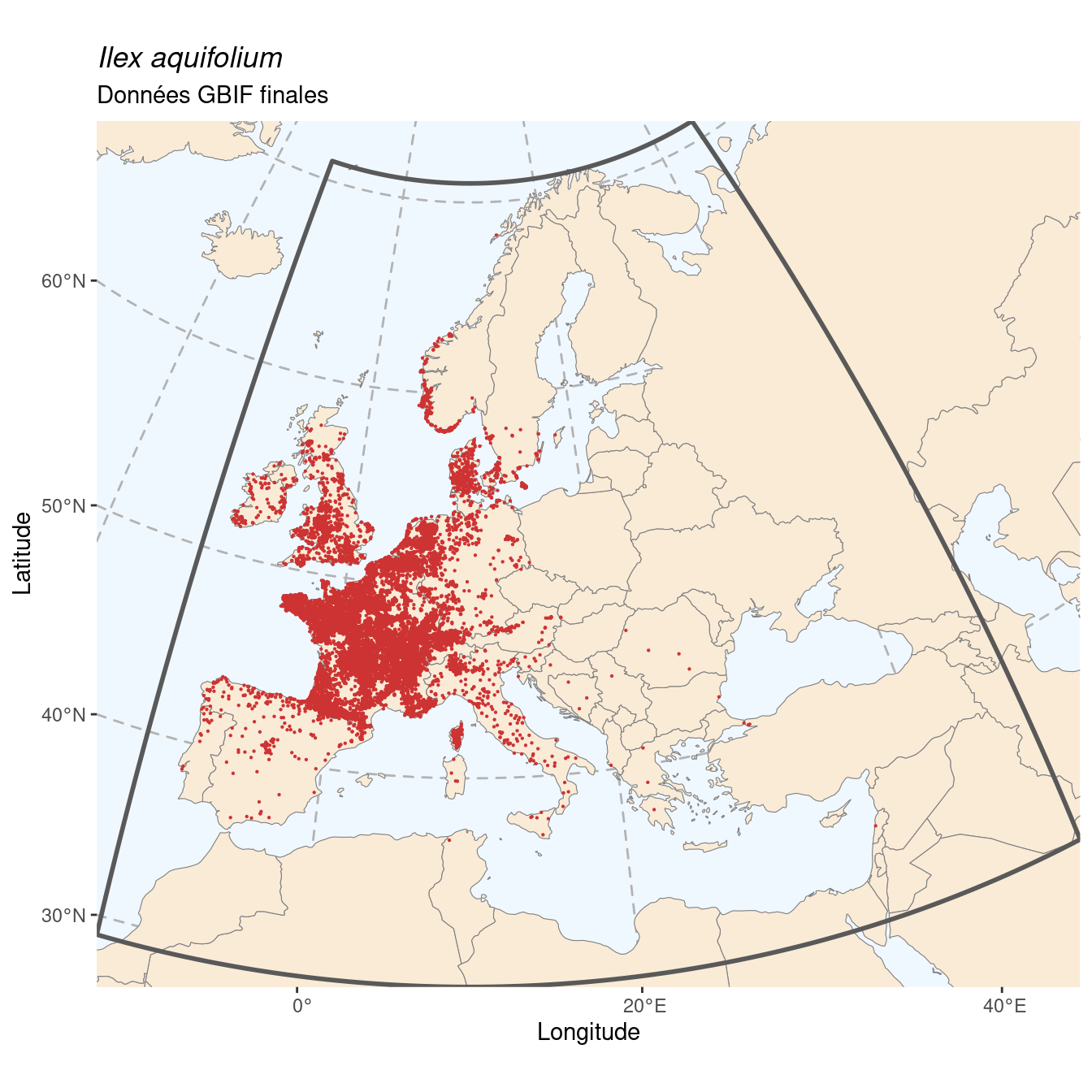 Occurrence de Ilex aquifolium dans la région d'endémisme après sous-échantillonnage éventuel.