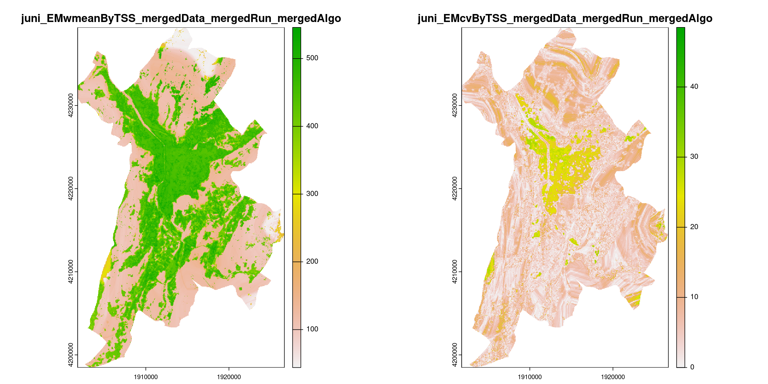 A) Projection de la distribution potentielle contemporaine (modèle d'ensemble) sur la métropole de Grenoble ; B) Incertitude associée à la projection.