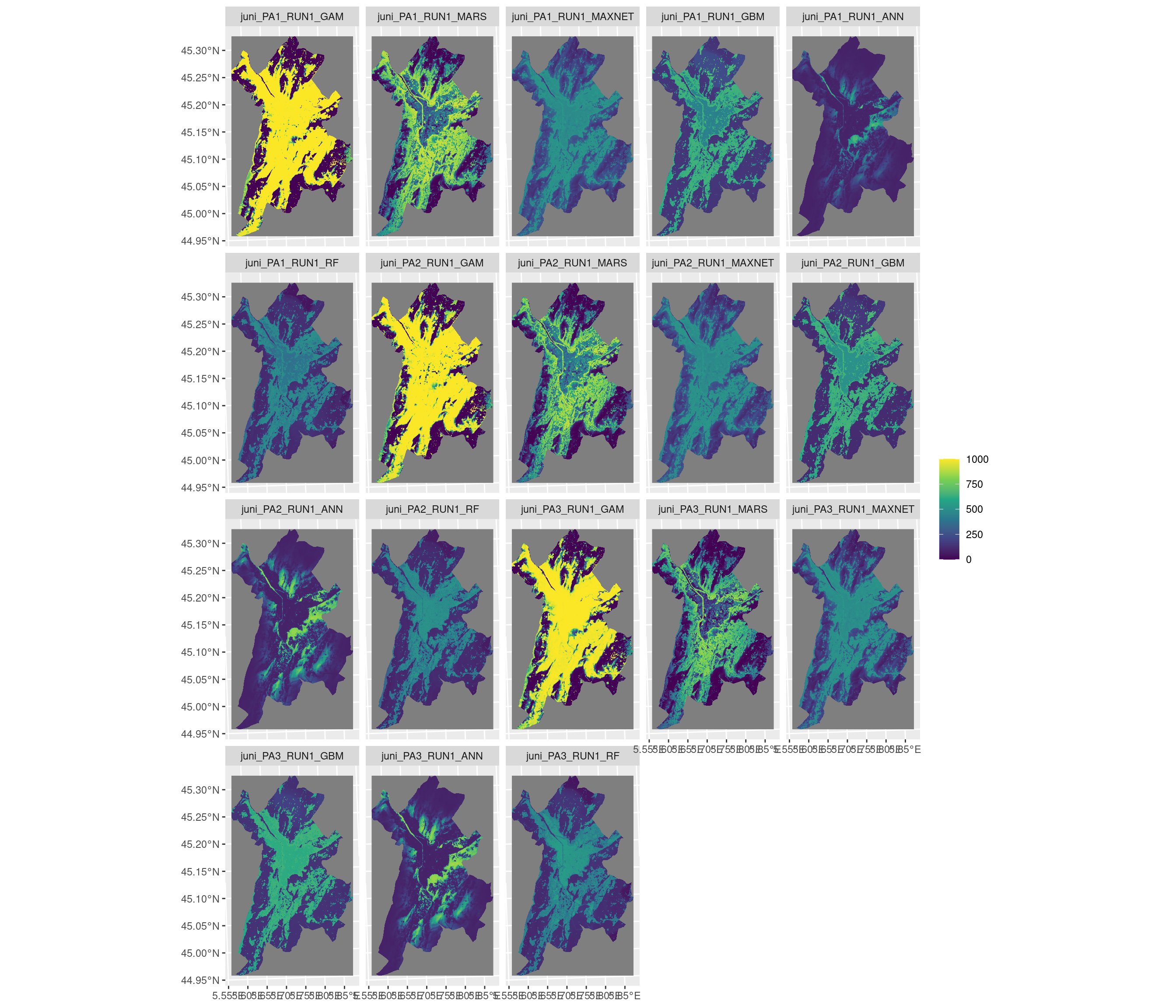 Projection de la distribution potentielle contemporaine sur la métropole de Grenoble, selon les 6 algorithmes et les 3 runs.