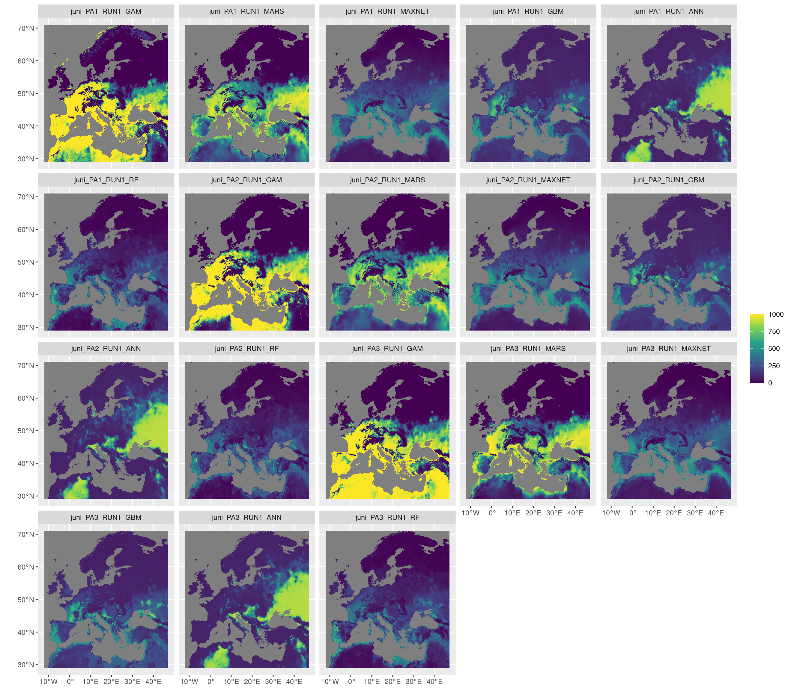 Projection de la distribution potentielle contemporaine sur l'Europe, selon les 6 algorithmes et les 3 runs.