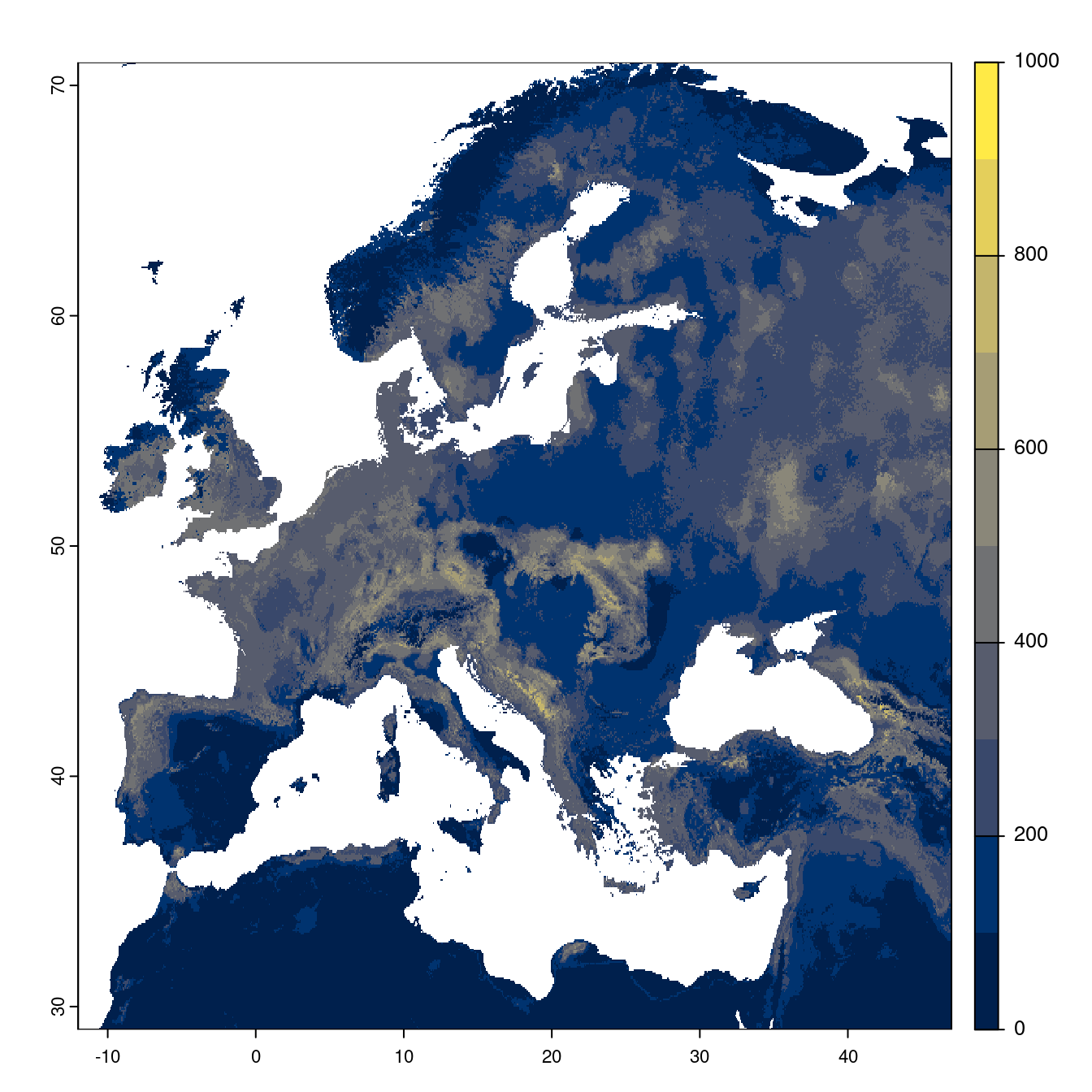 Projection des distributions potentielles futures jusqu'à l'horizon 2100 sous le scénario SSP3-7.0 (modèle d'ensemble).