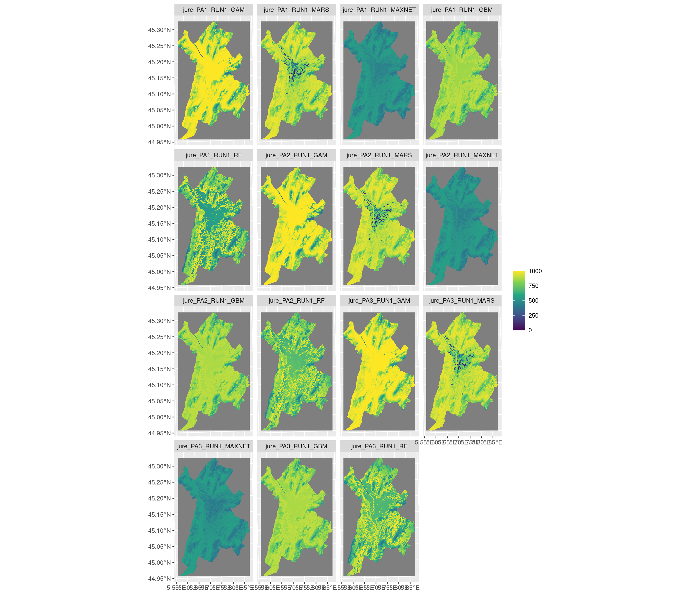 Projection de la distribution potentielle contemporaine sur la métropole de Grenoble, selon les 6 algorithmes et les 3 runs.