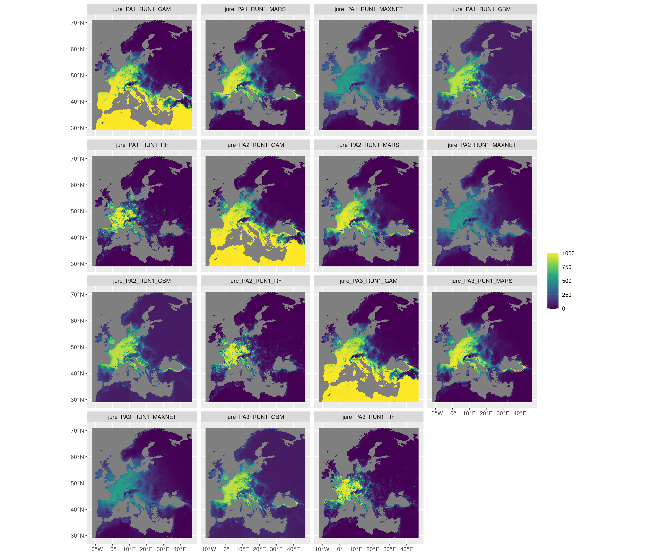 Projection de la distribution potentielle contemporaine sur l'Europe, selon les 6 algorithmes et les 3 runs.