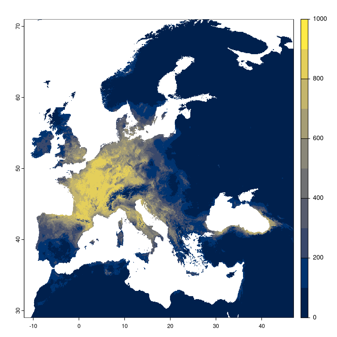Projection des distributions potentielles futures jusqu'à l'horizon 2100 sous le scénario SSP2-4.5 (modèle d'ensemble).
