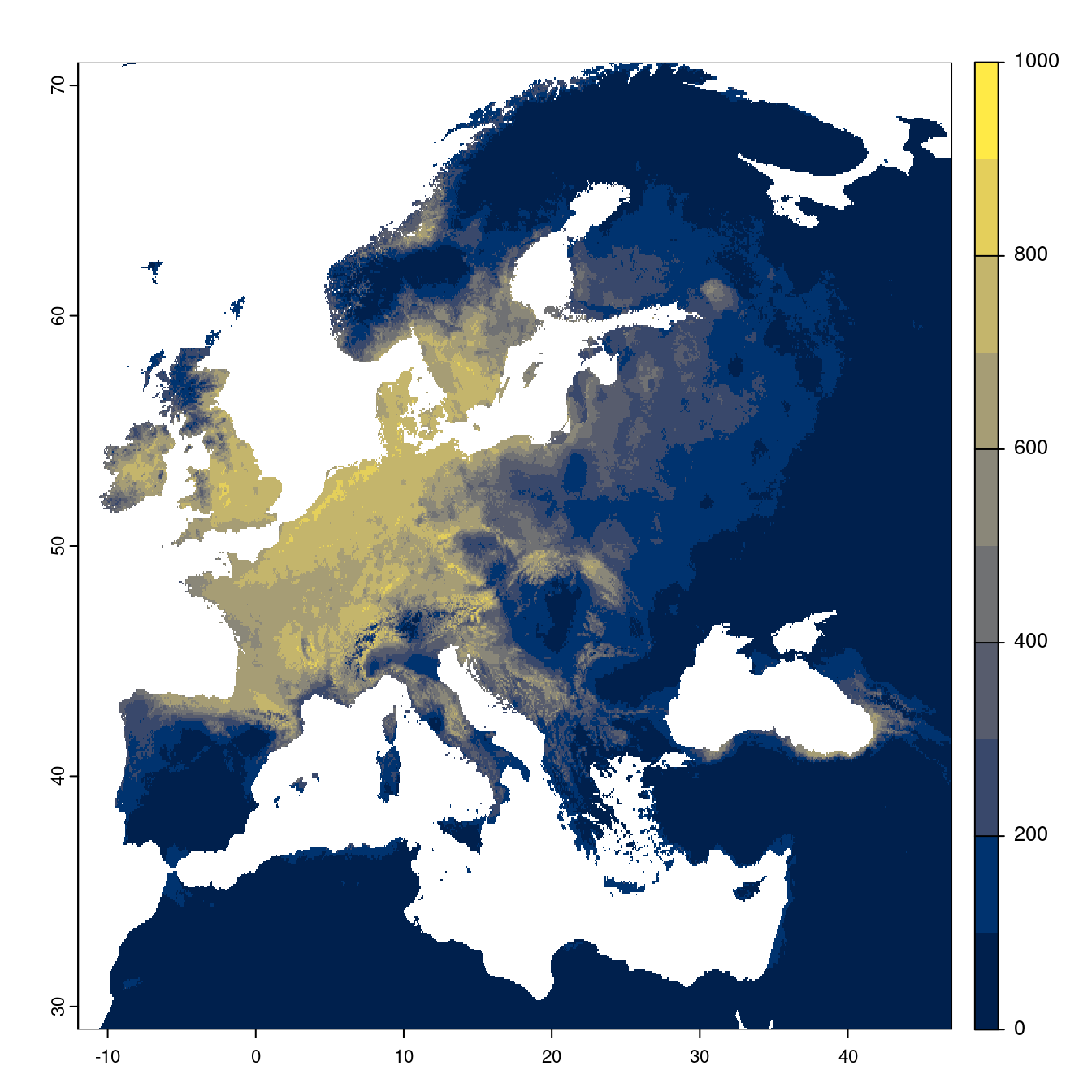 Projection des distributions potentielles futures jusqu'à l'horizon 2100 sous le scénario SSP2-4.5 (modèle d'ensemble).