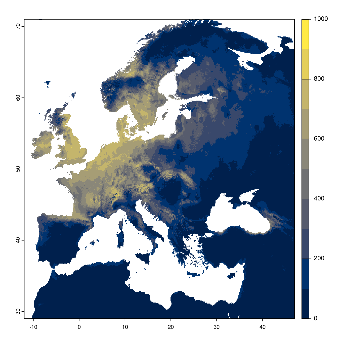 Projection des distributions potentielles futures jusqu'à l'horizon 2100 sous le scénario SSP3-7.0 (modèle d'ensemble).