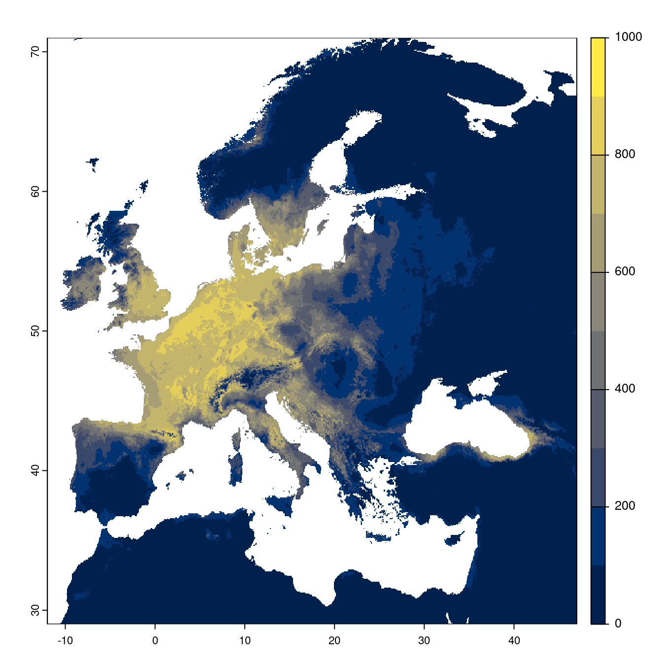 Projection des distributions potentielles futures jusqu'à l'horizon 2100 sous le scénario SSP5-8.5 (modèle d'ensemble).