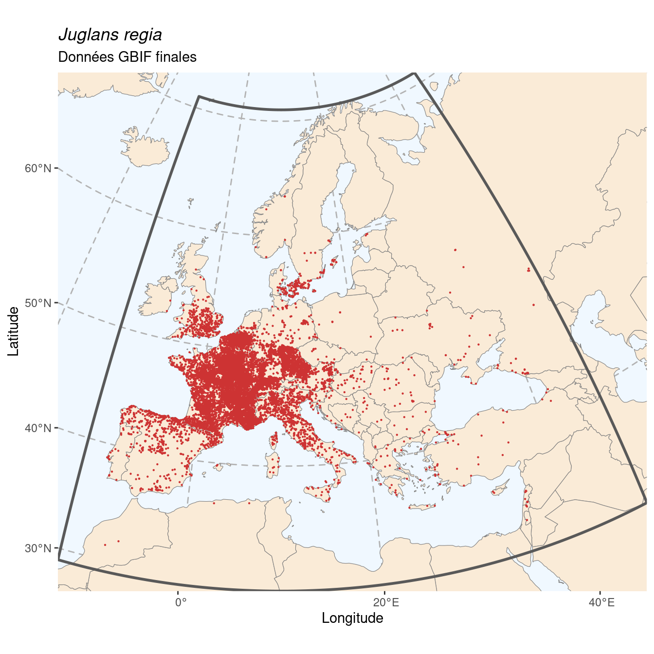 Occurrence de Juglans regia dans la région d'endémisme après sous-échantillonnage éventuel.