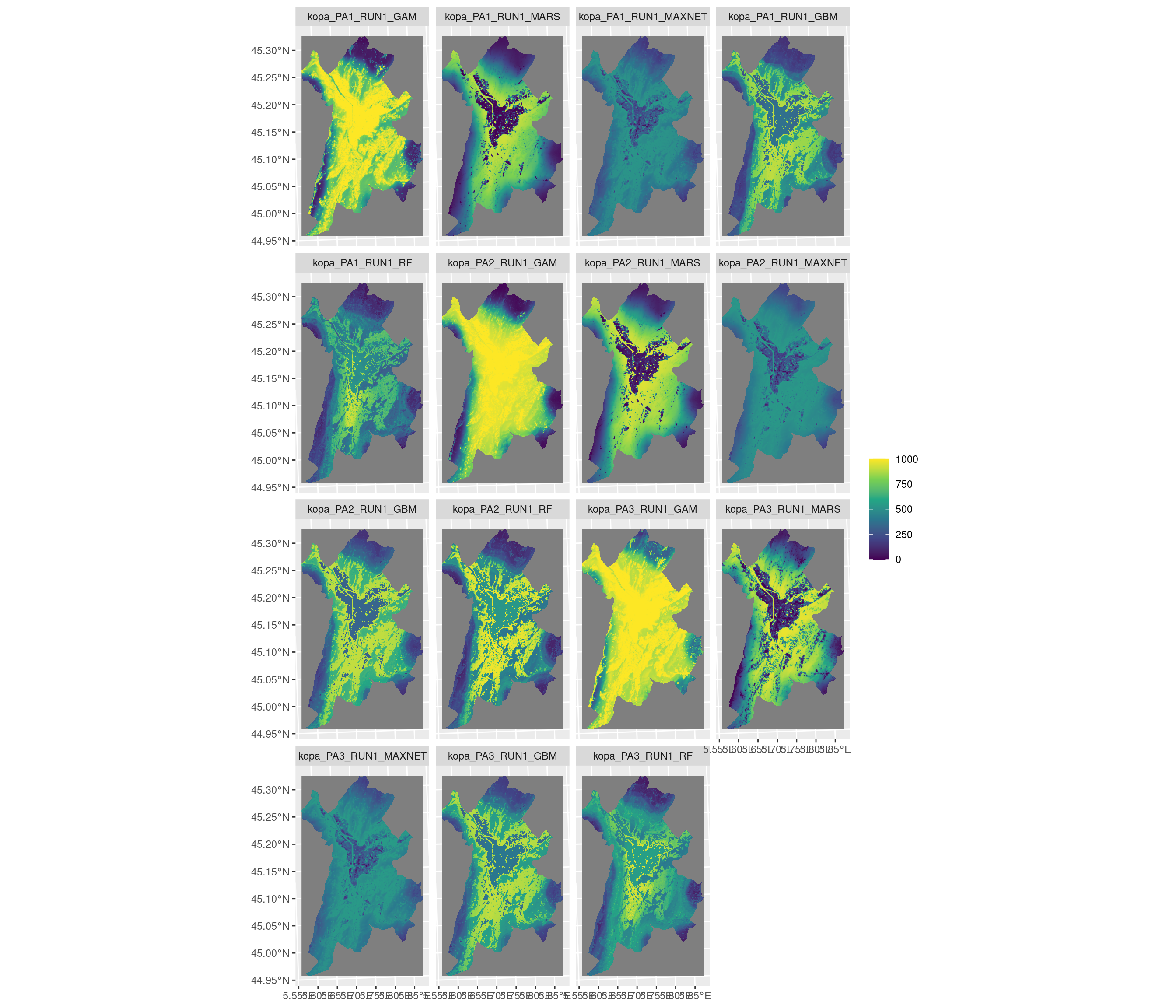 Projection de la distribution potentielle contemporaine sur la métropole de Grenoble, selon les 6 algorithmes et les 3 runs.