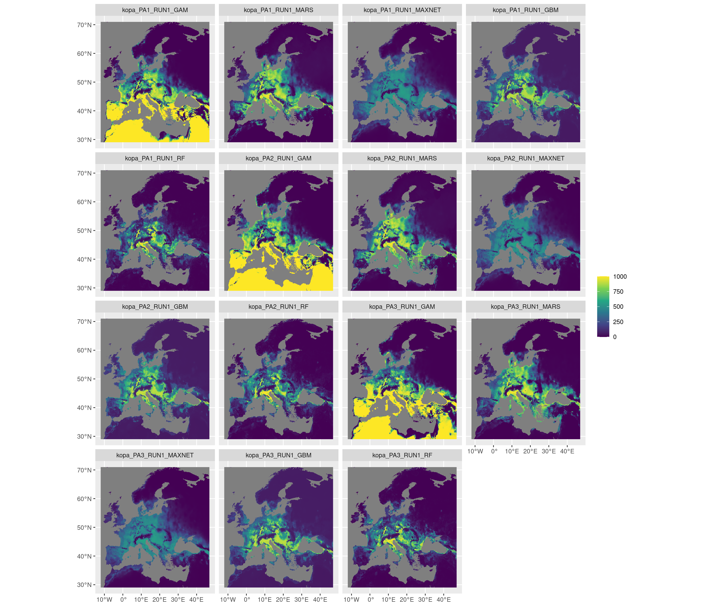 Projection de la distribution potentielle contemporaine sur l'Europe, selon les 6 algorithmes et les 3 runs.