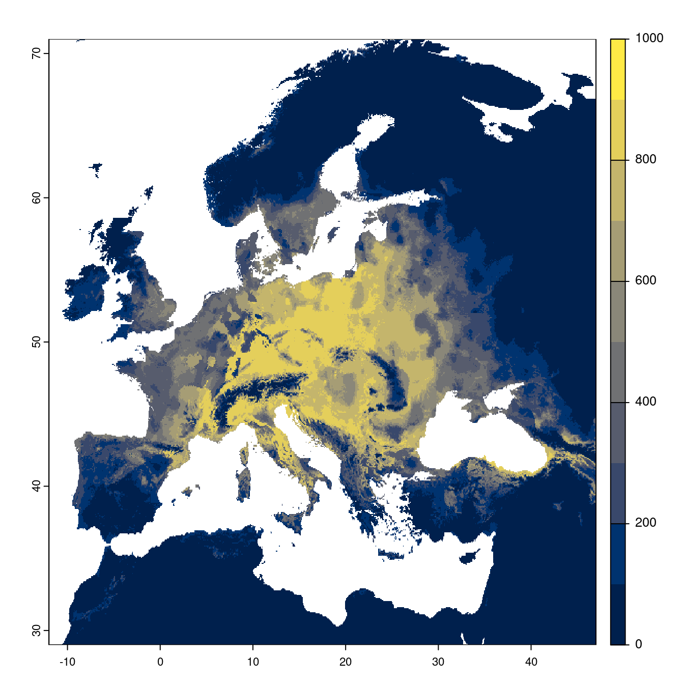 Projection des distributions potentielles futures jusqu'à l'horizon 2100 sous le scénario SSP1-2.6 (modèle d'ensemble).