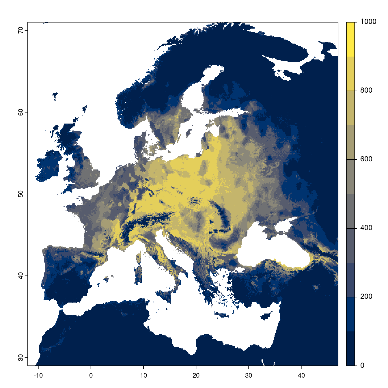 Projection des distributions potentielles futures jusqu'à l'horizon 2100 sous le scénario SSP1-2.6 (modèle d'ensemble).