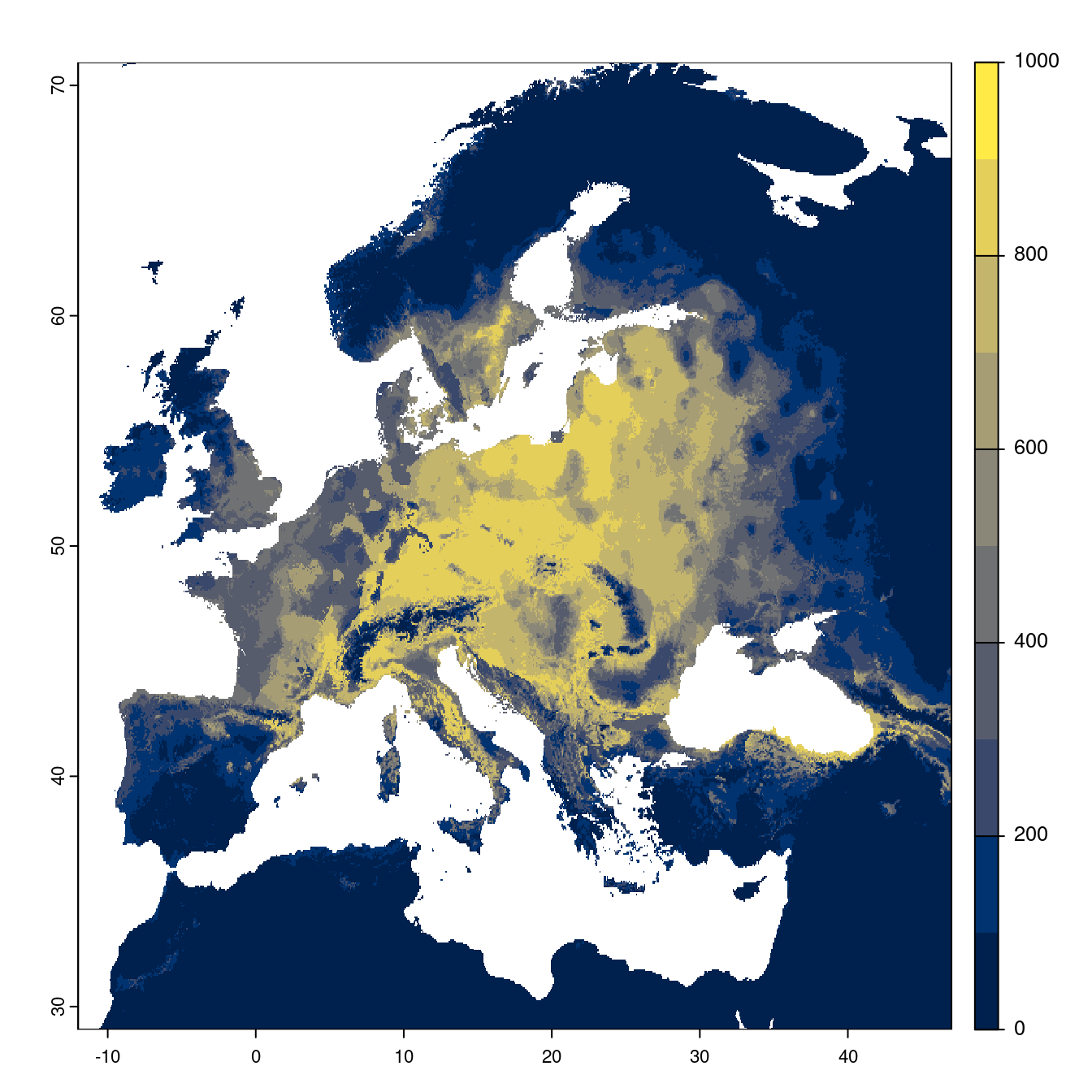 Projection des distributions potentielles futures jusqu'à l'horizon 2100 sous le scénario SSP1-2.6 (modèle d'ensemble).