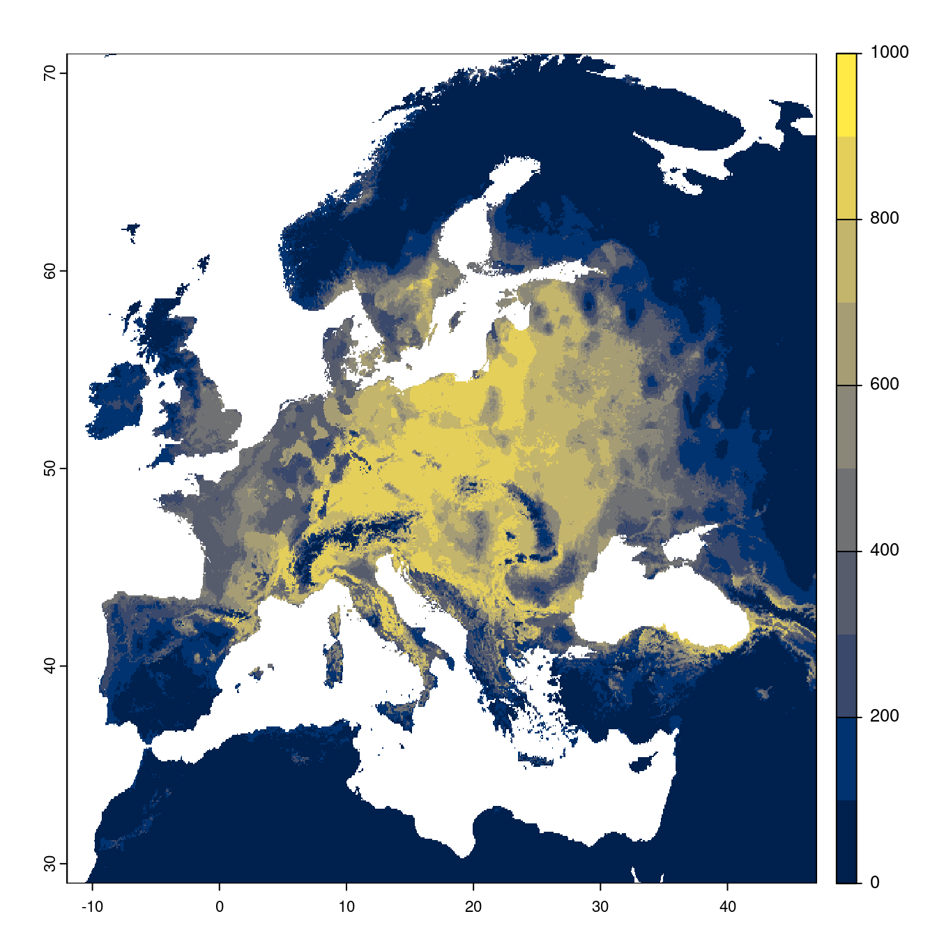 Projection des distributions potentielles futures jusqu'à l'horizon 2100 sous le scénario SSP1-2.6 (modèle d'ensemble).