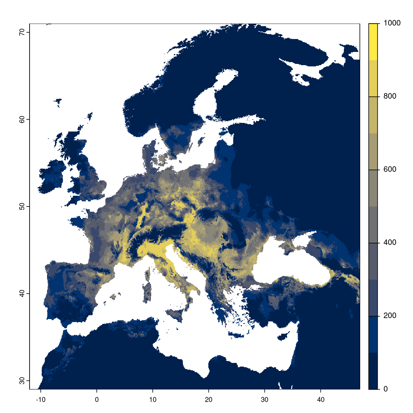 Projection des distributions potentielles futures jusqu'à l'horizon 2100 sous le scénario SSP2-4.5 (modèle d'ensemble).