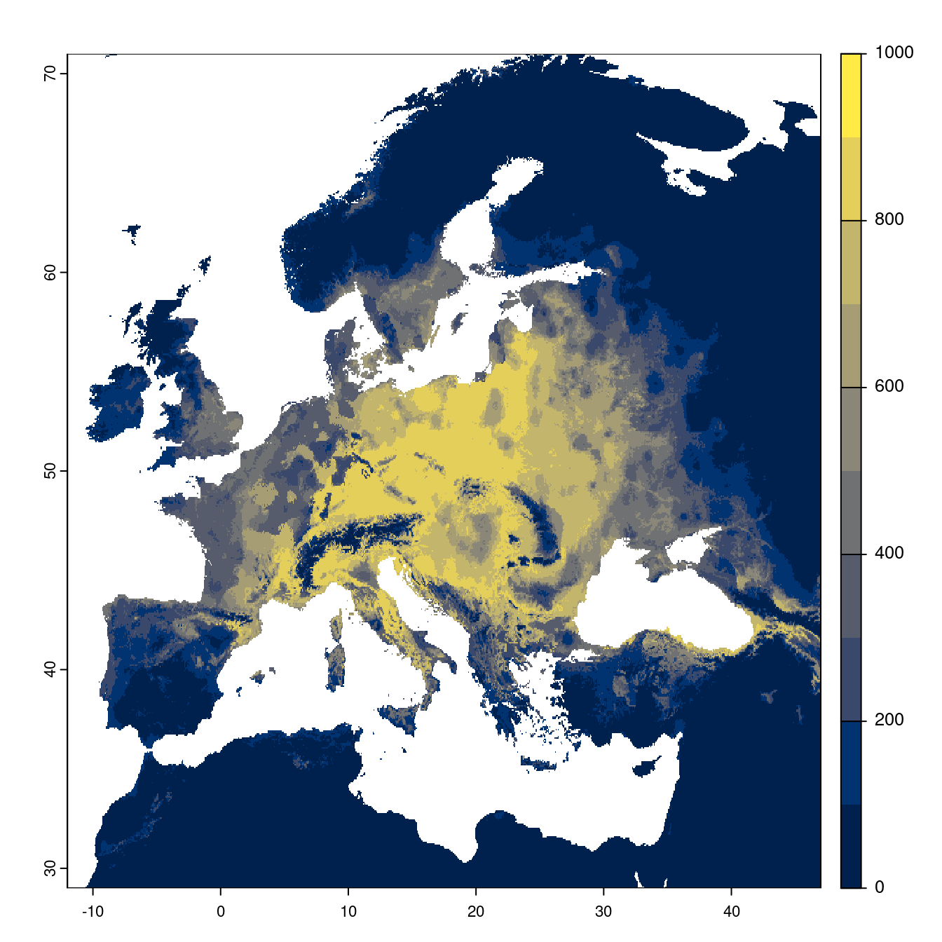 Projection des distributions potentielles futures jusqu'à l'horizon 2100 sous le scénario SSP2-4.5 (modèle d'ensemble).