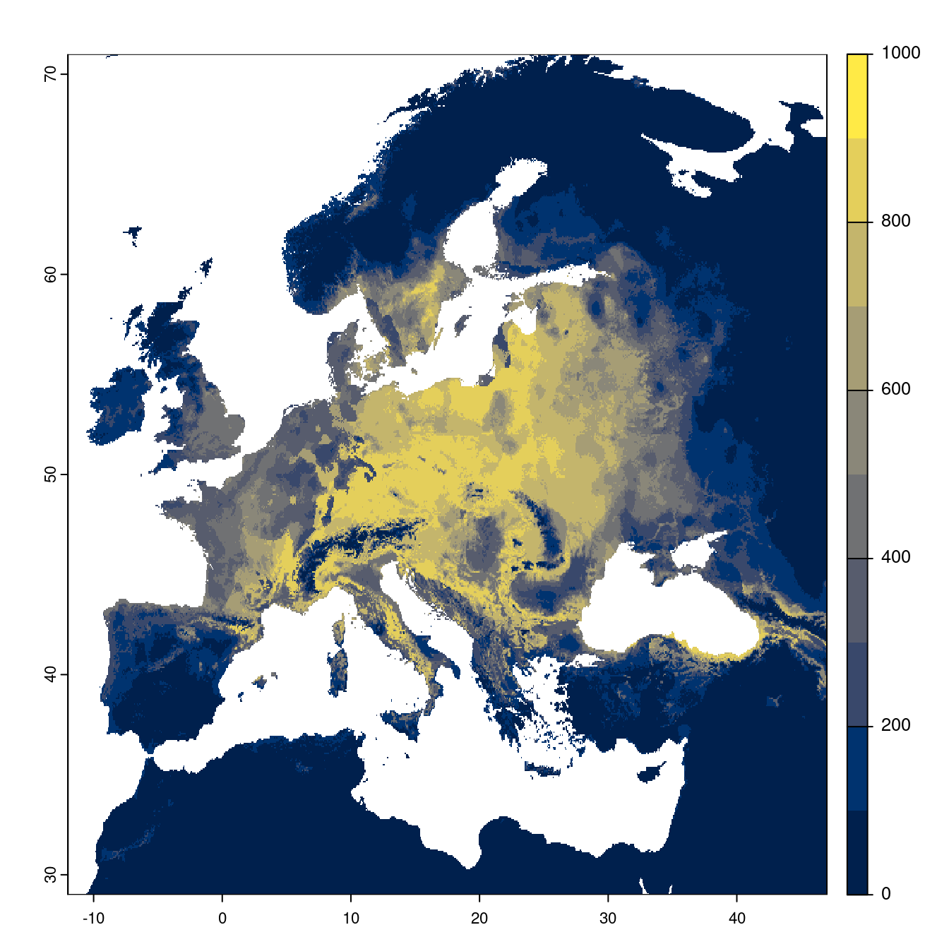 Projection des distributions potentielles futures jusqu'à l'horizon 2100 sous le scénario SSP2-4.5 (modèle d'ensemble).