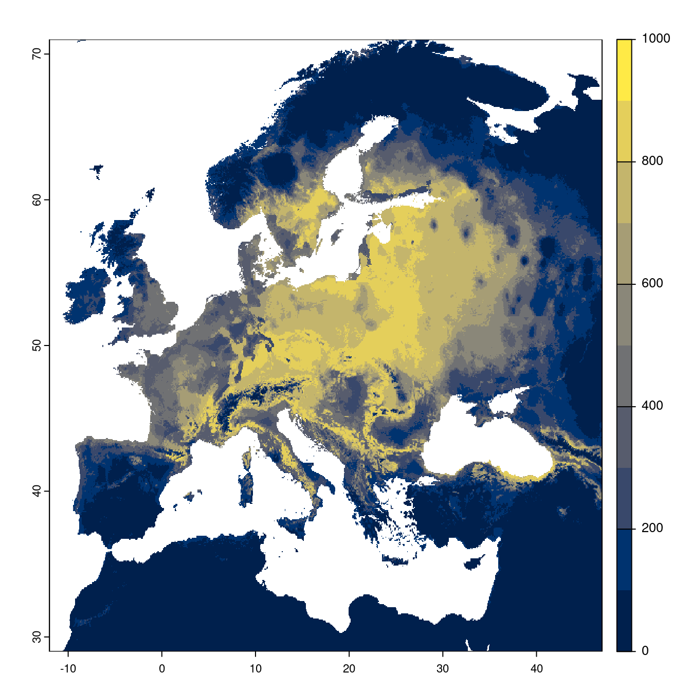 Projection des distributions potentielles futures jusqu'à l'horizon 2100 sous le scénario SSP2-4.5 (modèle d'ensemble).