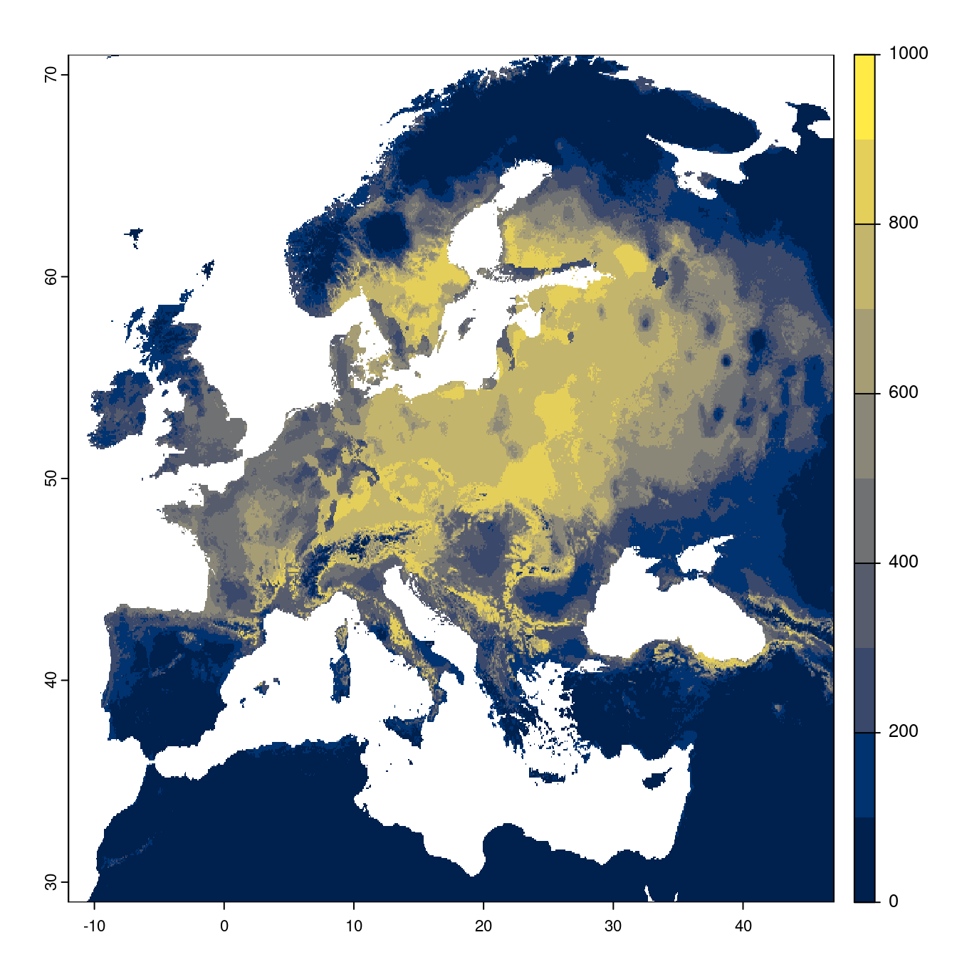 Projection des distributions potentielles futures jusqu'à l'horizon 2100 sous le scénario SSP2-4.5 (modèle d'ensemble).