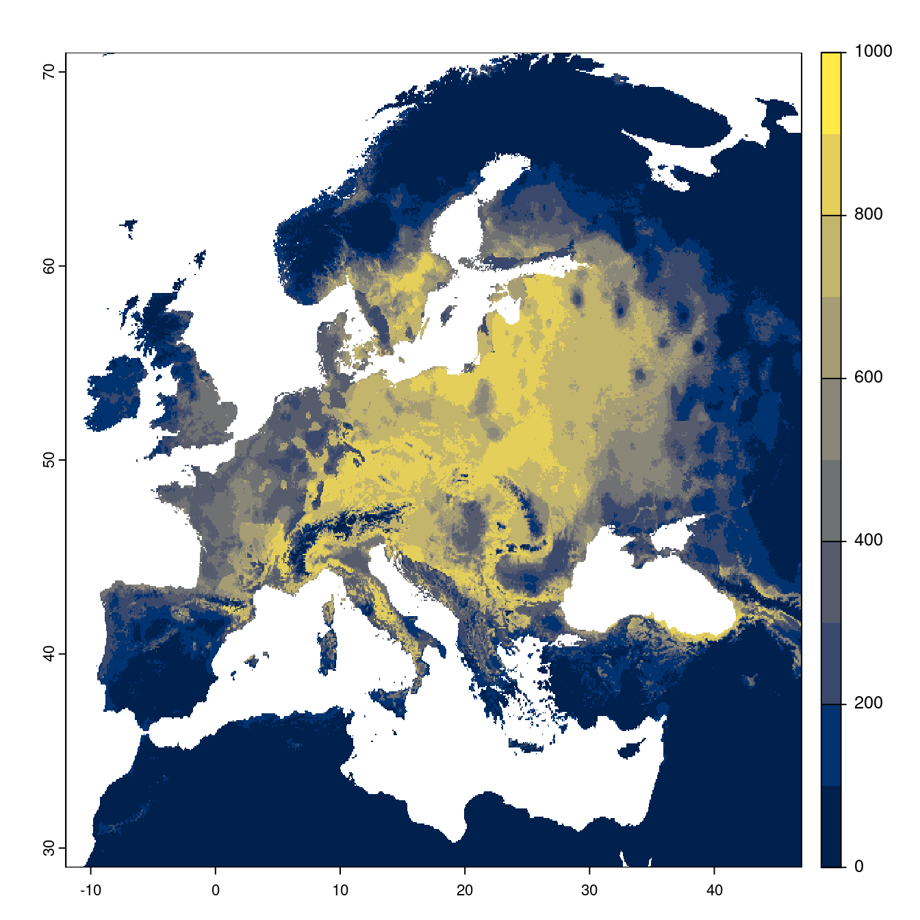 Projection des distributions potentielles futures jusqu'à l'horizon 2100 sous le scénario SSP3-7.0 (modèle d'ensemble).