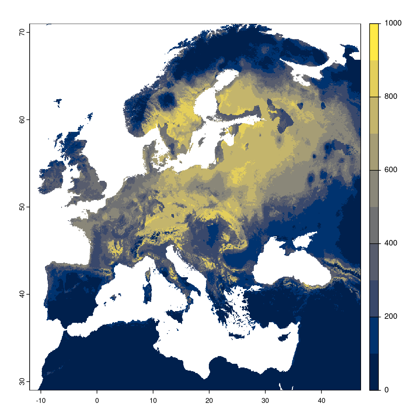 Projection des distributions potentielles futures jusqu'à l'horizon 2100 sous le scénario SSP5-8.5 (modèle d'ensemble).
