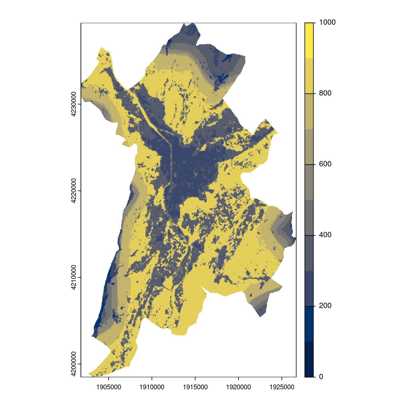 Projection des distributions potentielles contemporaine et futures jusqu'à l'horizon 2100 sous le scénario SSP5-8.5 (modèle d'ensemble, GCM IPSL).