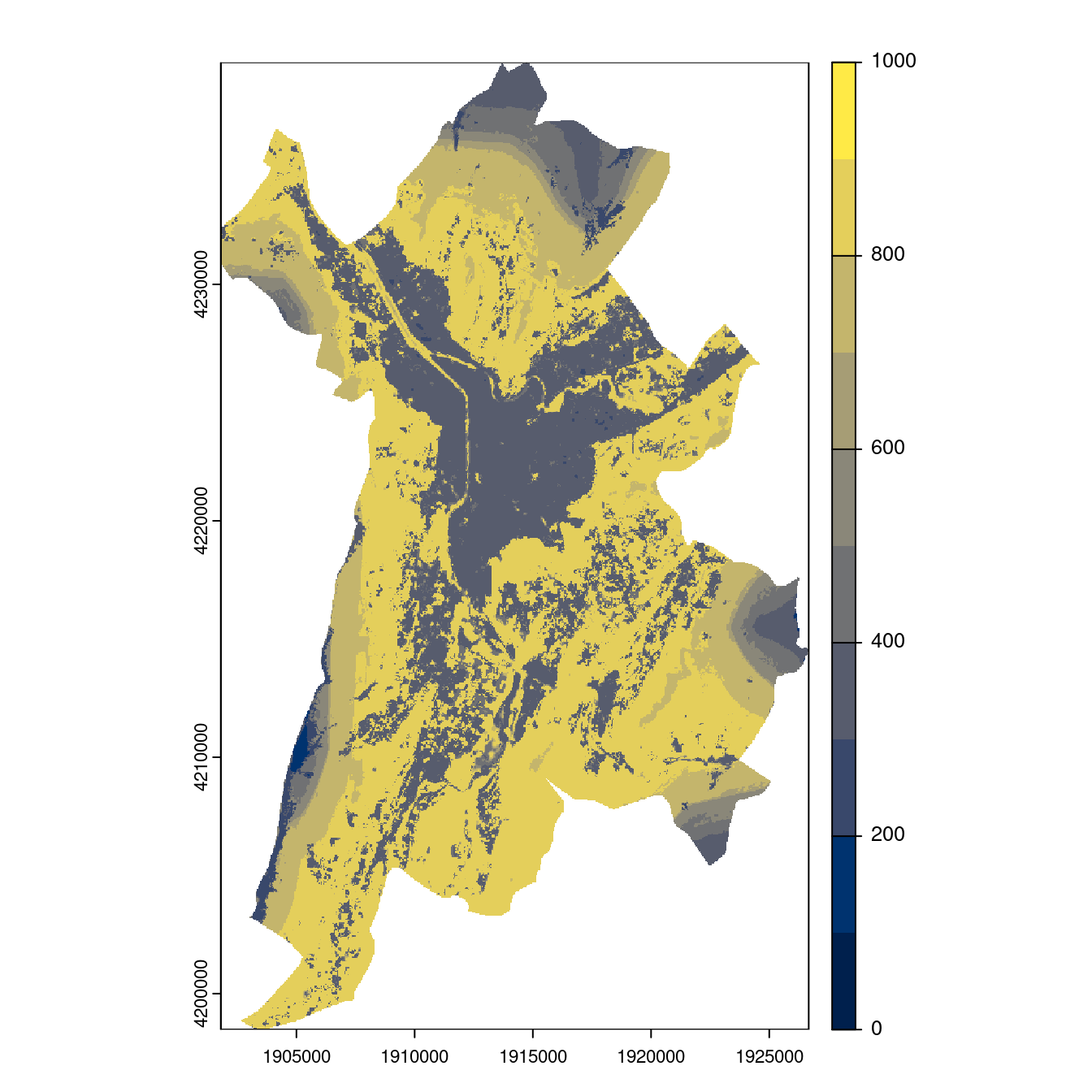 Projection des distributions potentielles contemporaine et futures jusqu'à l'horizon 2100 sous le scénario SSP5-8.5 (modèle d'ensemble, GCM IPSL).