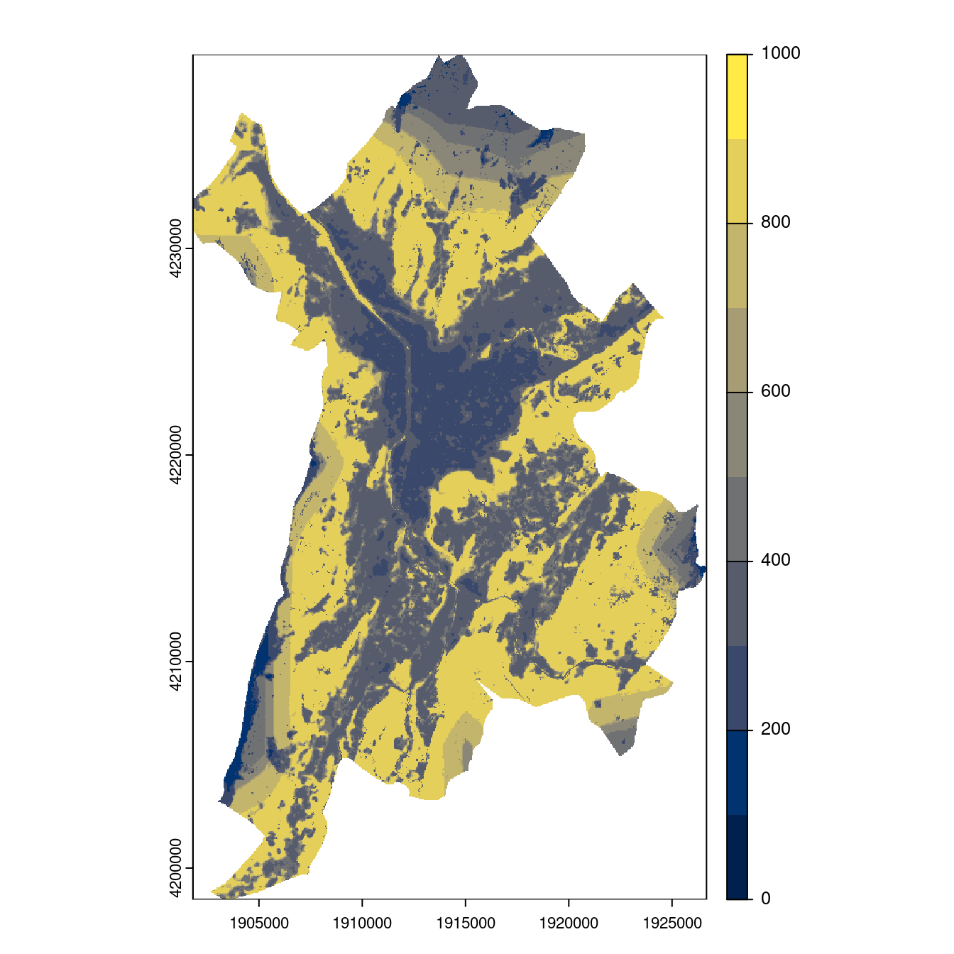 Projection des distributions potentielles contemporaine et futures jusqu'à l'horizon 2100 sous le scénario SSP5-8.5 (modèle d'ensemble, GCM IPSL).