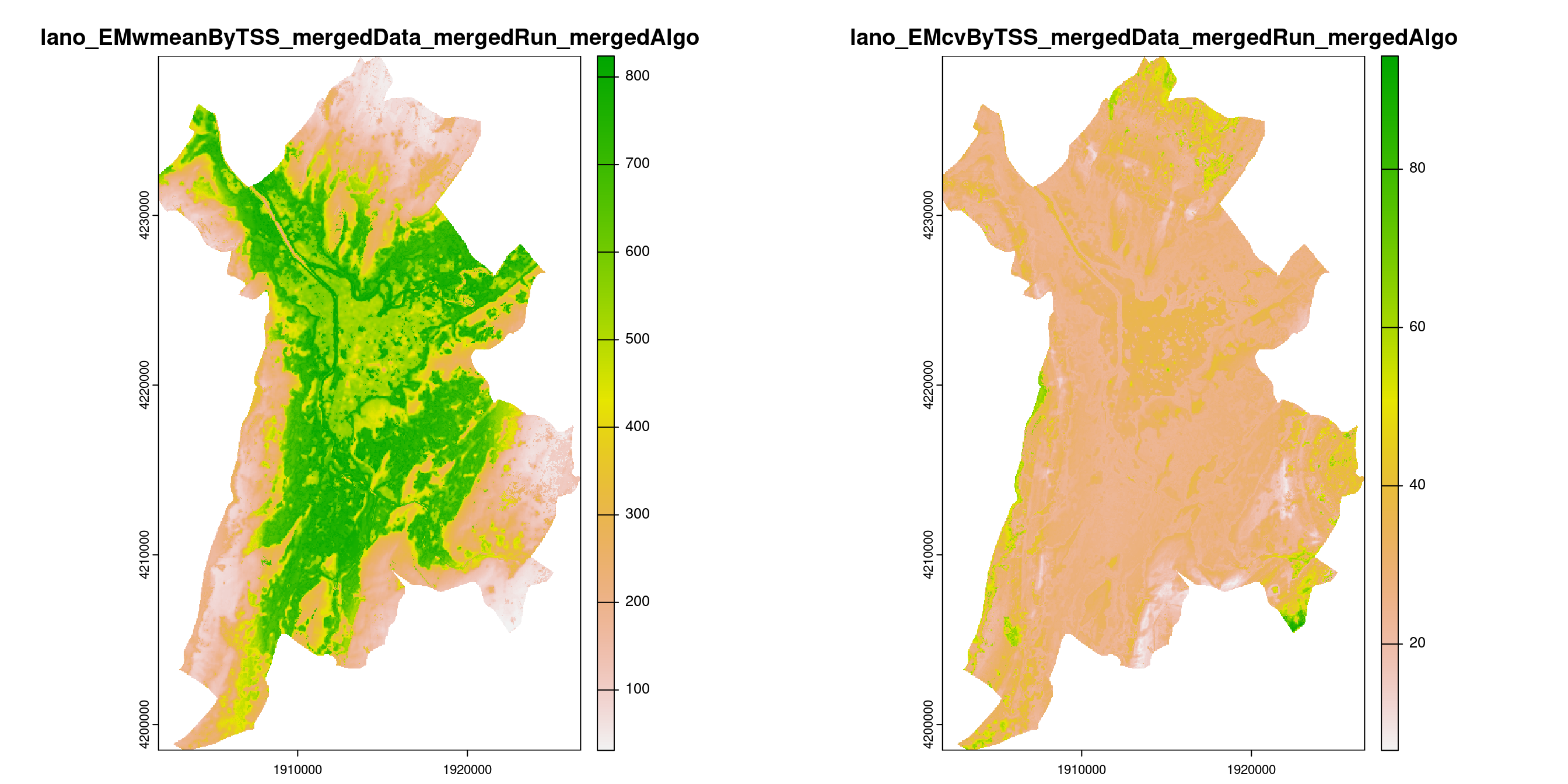 A) Projection de la distribution potentielle contemporaine (modèle d'ensemble) sur la métropole de Grenoble ; B) Incertitude associée à la projection.