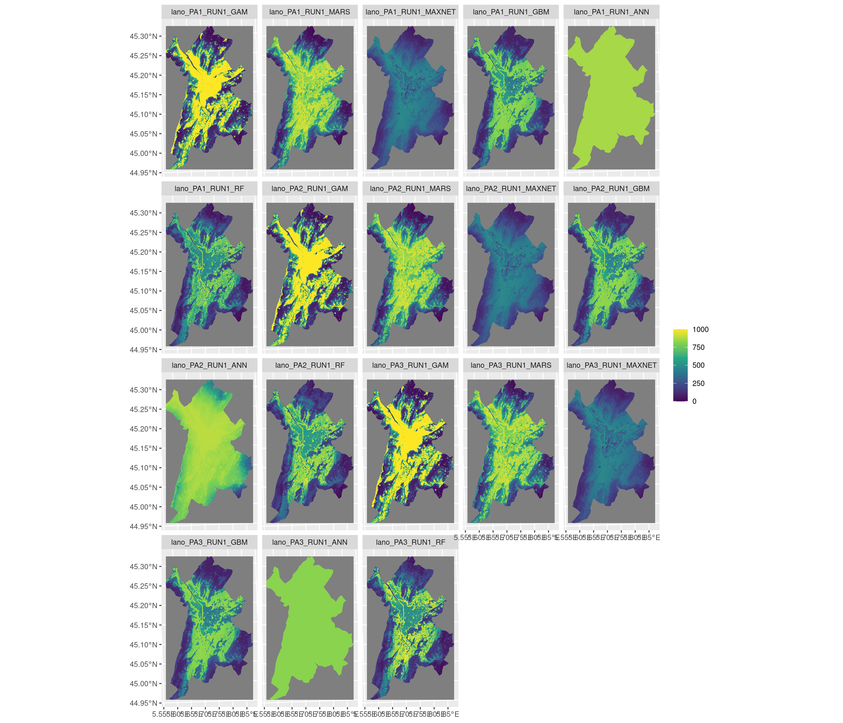 Projection de la distribution potentielle contemporaine sur la métropole de Grenoble, selon les 6 algorithmes et les 3 runs.