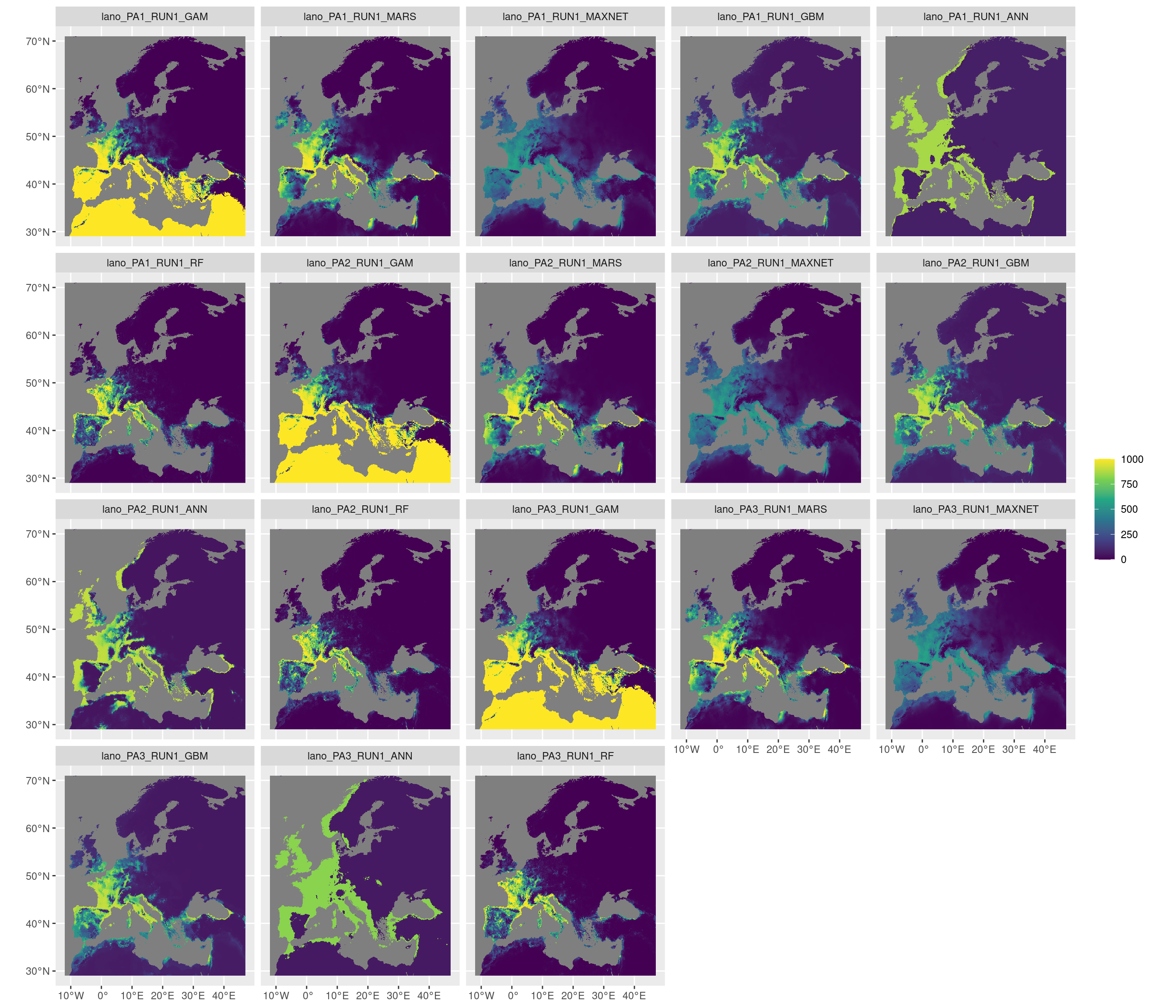Projection de la distribution potentielle contemporaine sur l'Europe, selon les 6 algorithmes et les 3 runs.