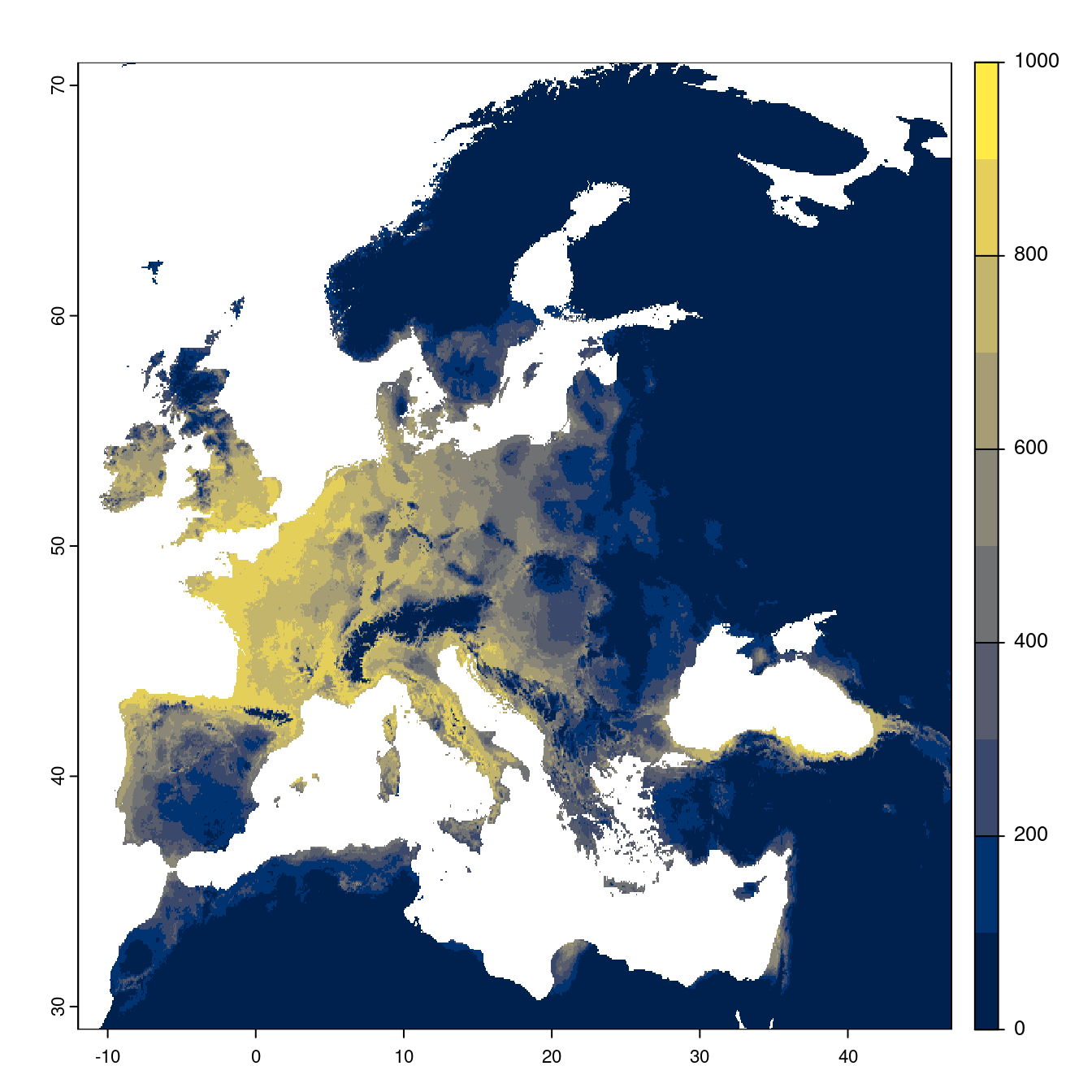 Projection des distributions potentielles futures jusqu'à l'horizon 2100 sous le scénario SSP1-2.6 (modèle d'ensemble).