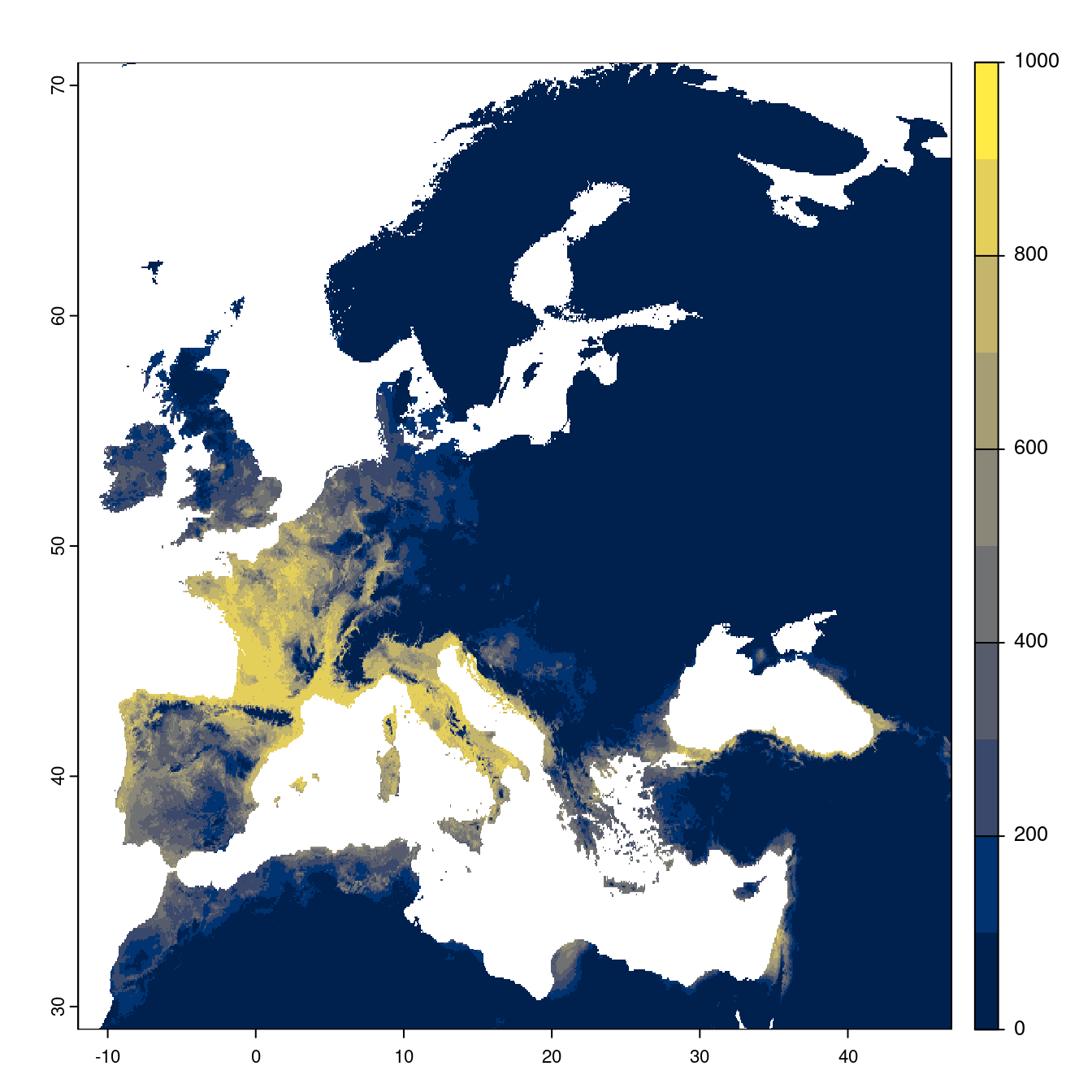 Projection des distributions potentielles futures jusqu'à l'horizon 2100 sous le scénario SSP3-7.0 (modèle d'ensemble).