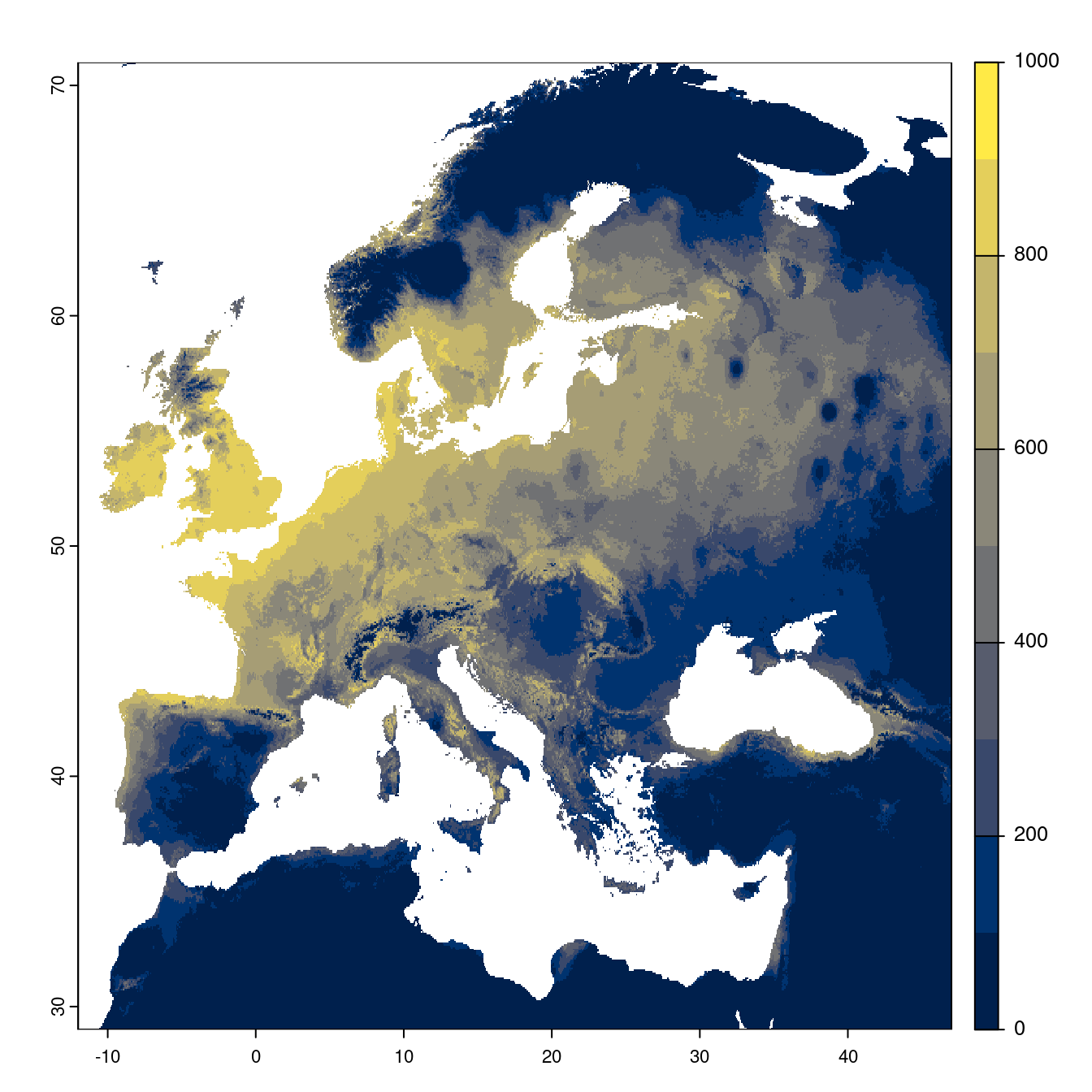 Projection des distributions potentielles futures jusqu'à l'horizon 2100 sous le scénario SSP3-7.0 (modèle d'ensemble).