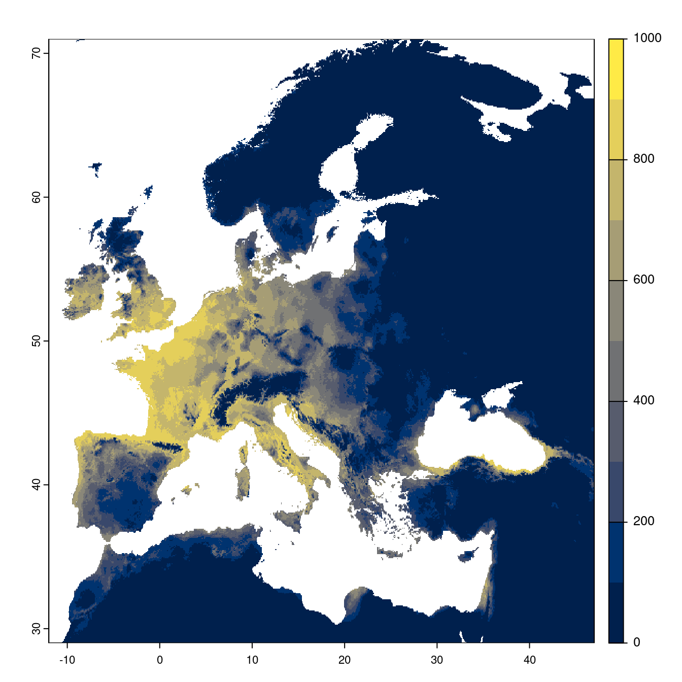 Projection des distributions potentielles futures jusqu'à l'horizon 2100 sous le scénario SSP5-8.5 (modèle d'ensemble).