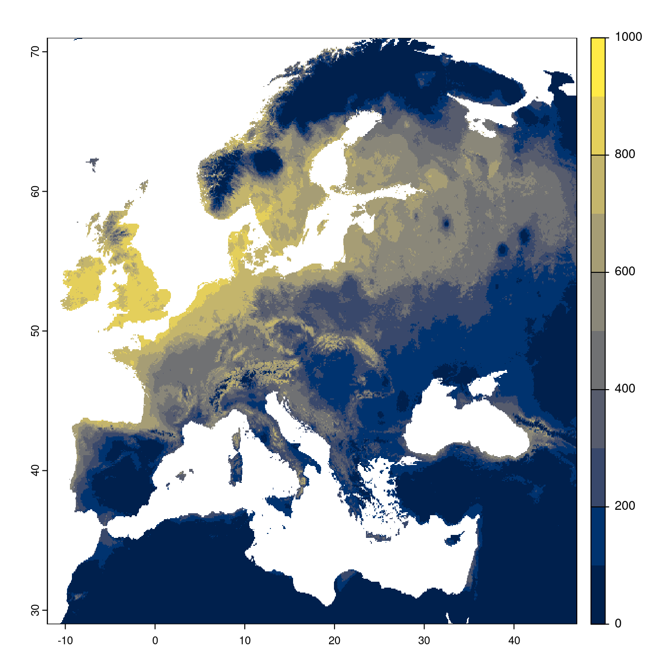 Projection des distributions potentielles futures jusqu'à l'horizon 2100 sous le scénario SSP5-8.5 (modèle d'ensemble).