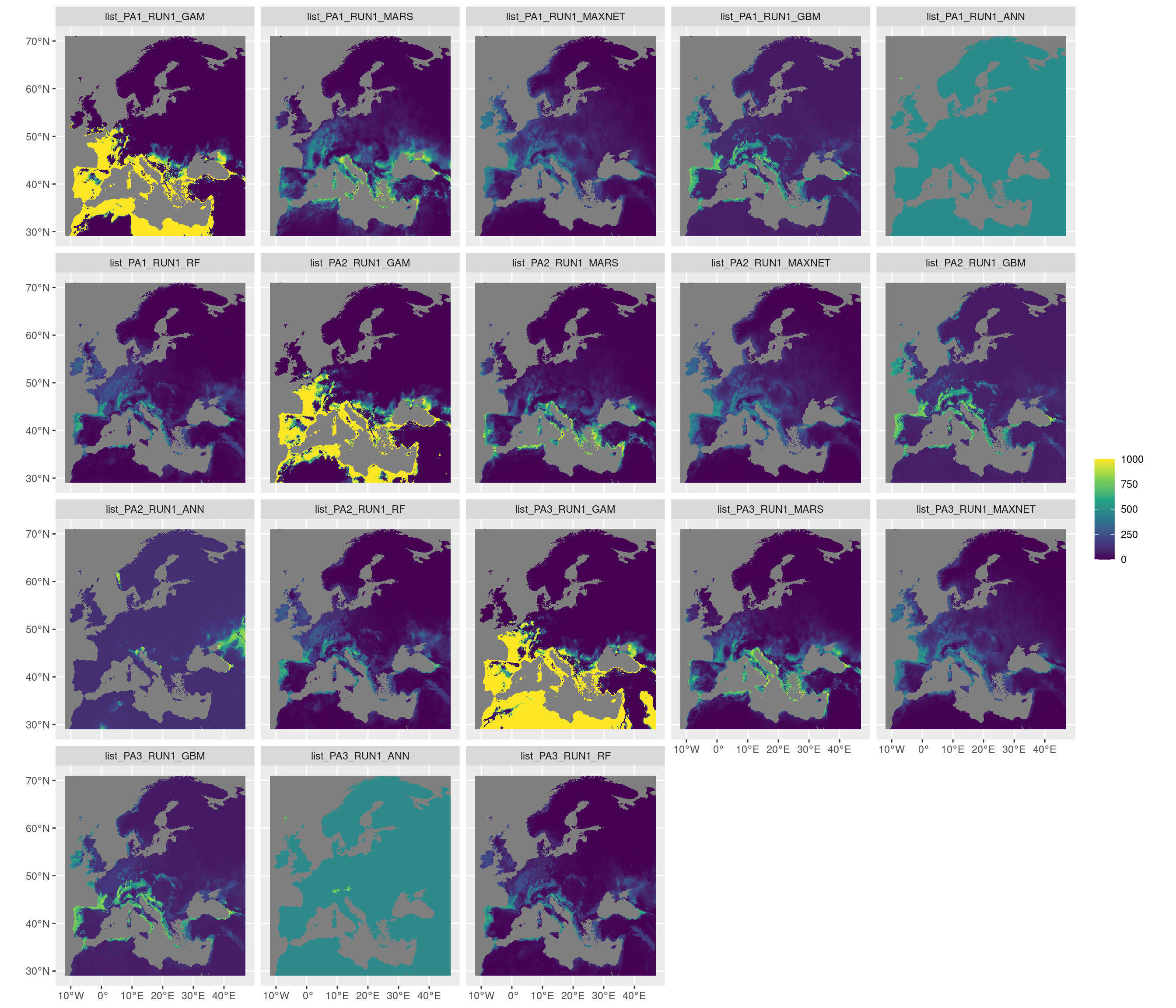 Projection de la distribution potentielle contemporaine sur l'Europe, selon les 6 algorithmes et les 3 runs.