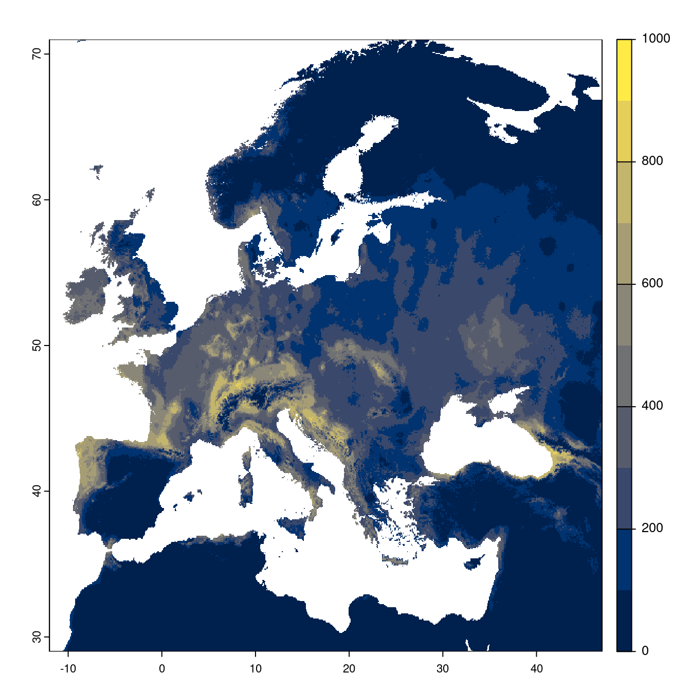 Projection des distributions potentielles futures jusqu'à l'horizon 2100 sous le scénario SSP5-8.5 (modèle d'ensemble).