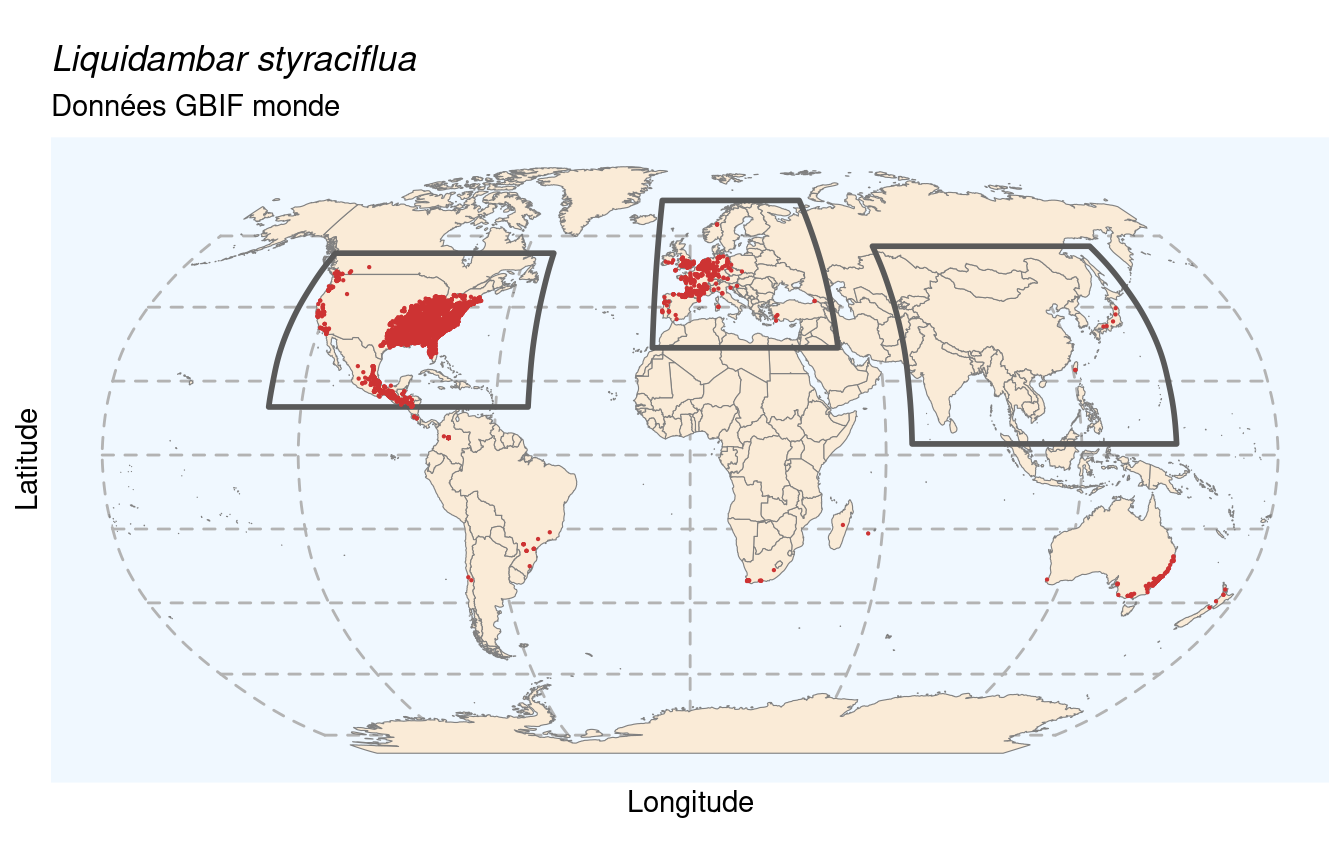 Occurrences de Liquidambar styraciflua dans le monde.