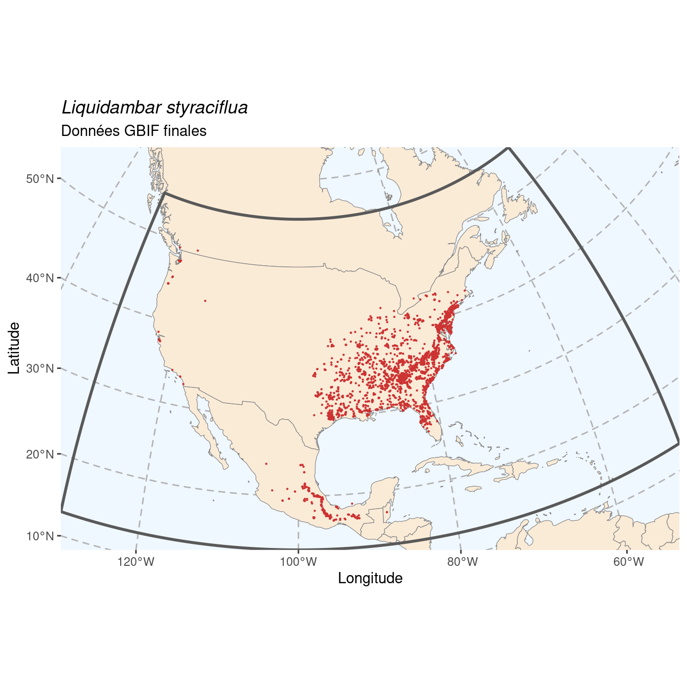 Occurrence de Liquidambar styraciflua dans la région d'endémisme après sous-échantillonnage éventuel.